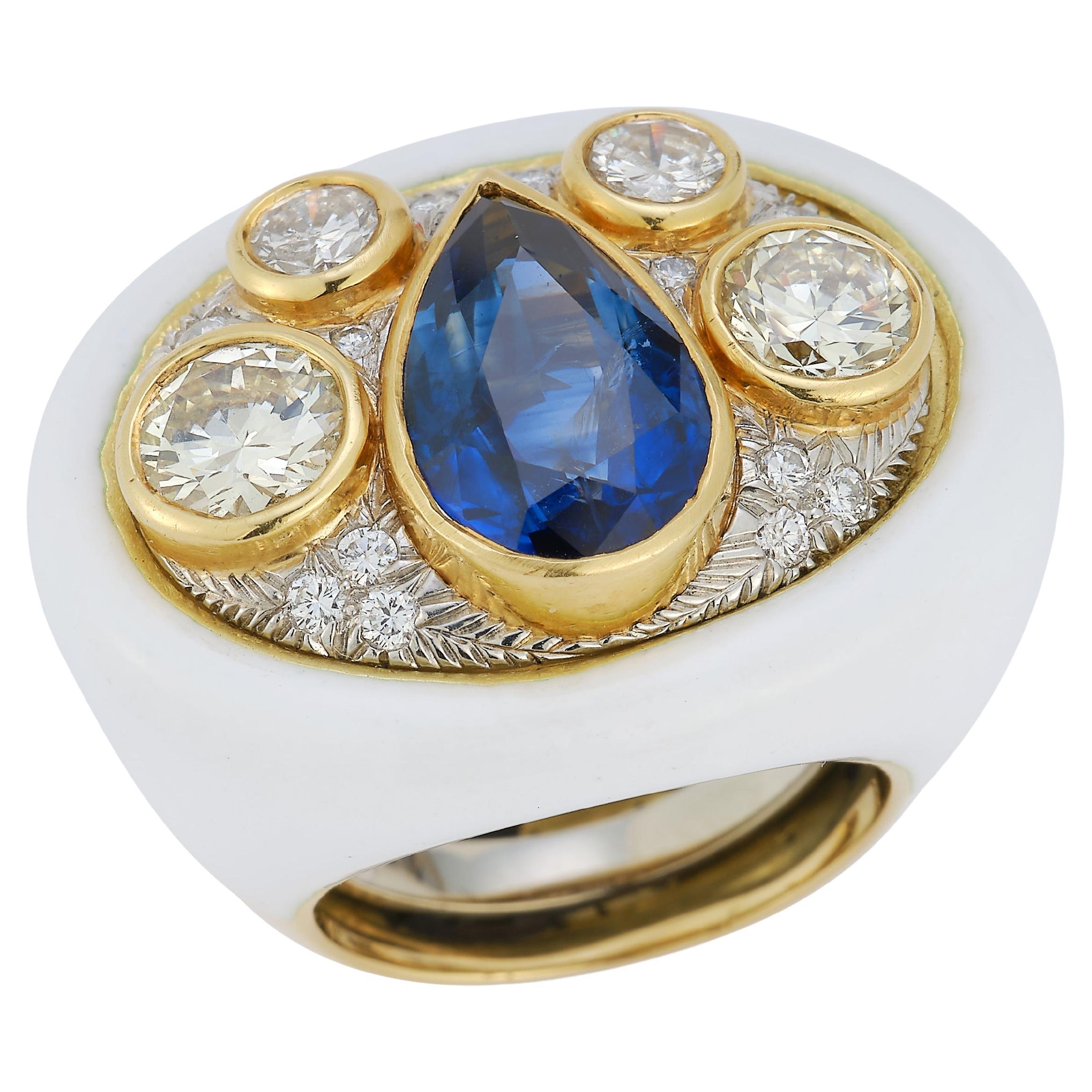 Sapphire Diamond and White Enamel Ring by Andrew Clunn For Sale