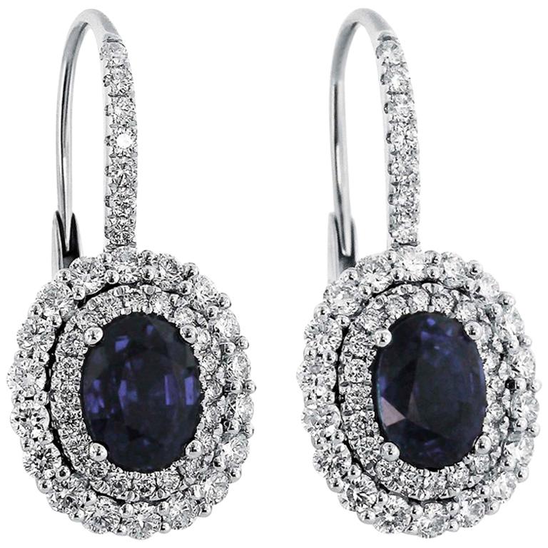 Sapphire Diamond and White Gold Drop Earrings For Sale