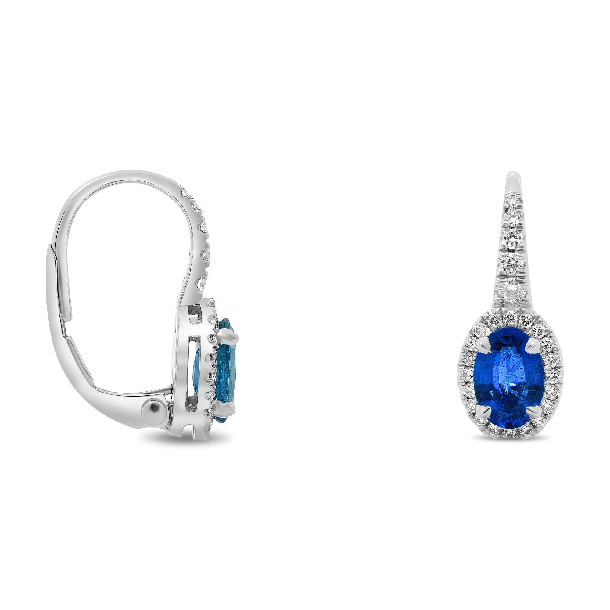 Sapphire, Diamond, and White Gold Lever Back Earrings In New Condition For Sale In New York, NY