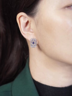 Sapphire Diamond Antique Style Filigree Omega Back Earrings in 14K White Gold