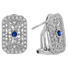 Sapphire Diamond Antique Style Filigree Omega Back Earrings in 14K White Gold