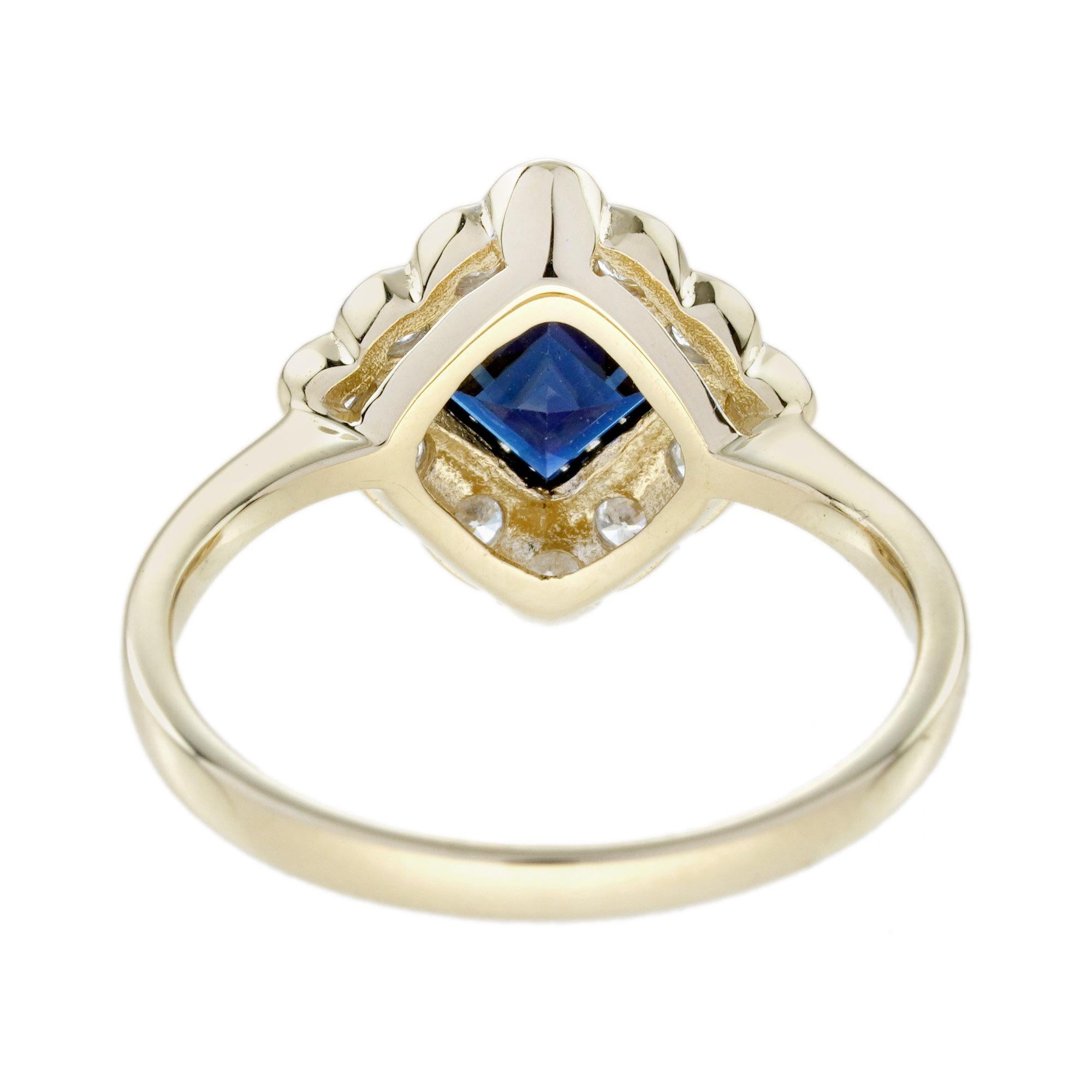 Quadrato Anello di fidanzamento con zaffiro e diamante in stile antico in oro bianco 14K in vendita