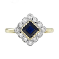 Anello di fidanzamento con zaffiro e diamante in stile antico in oro bianco 14K