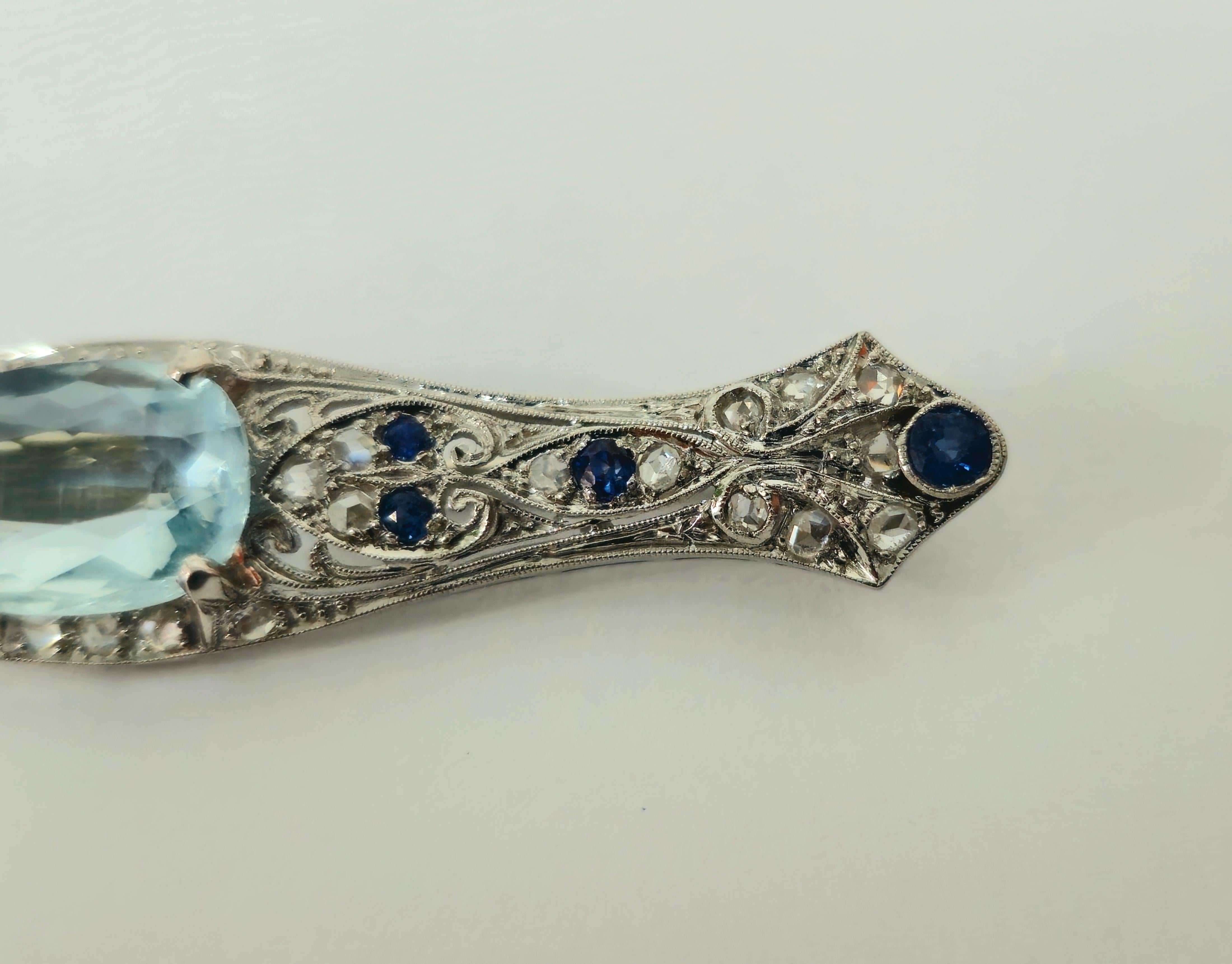Art Deco Sapphire Diamond Aquamarine Ladies Estate Pin For Sale