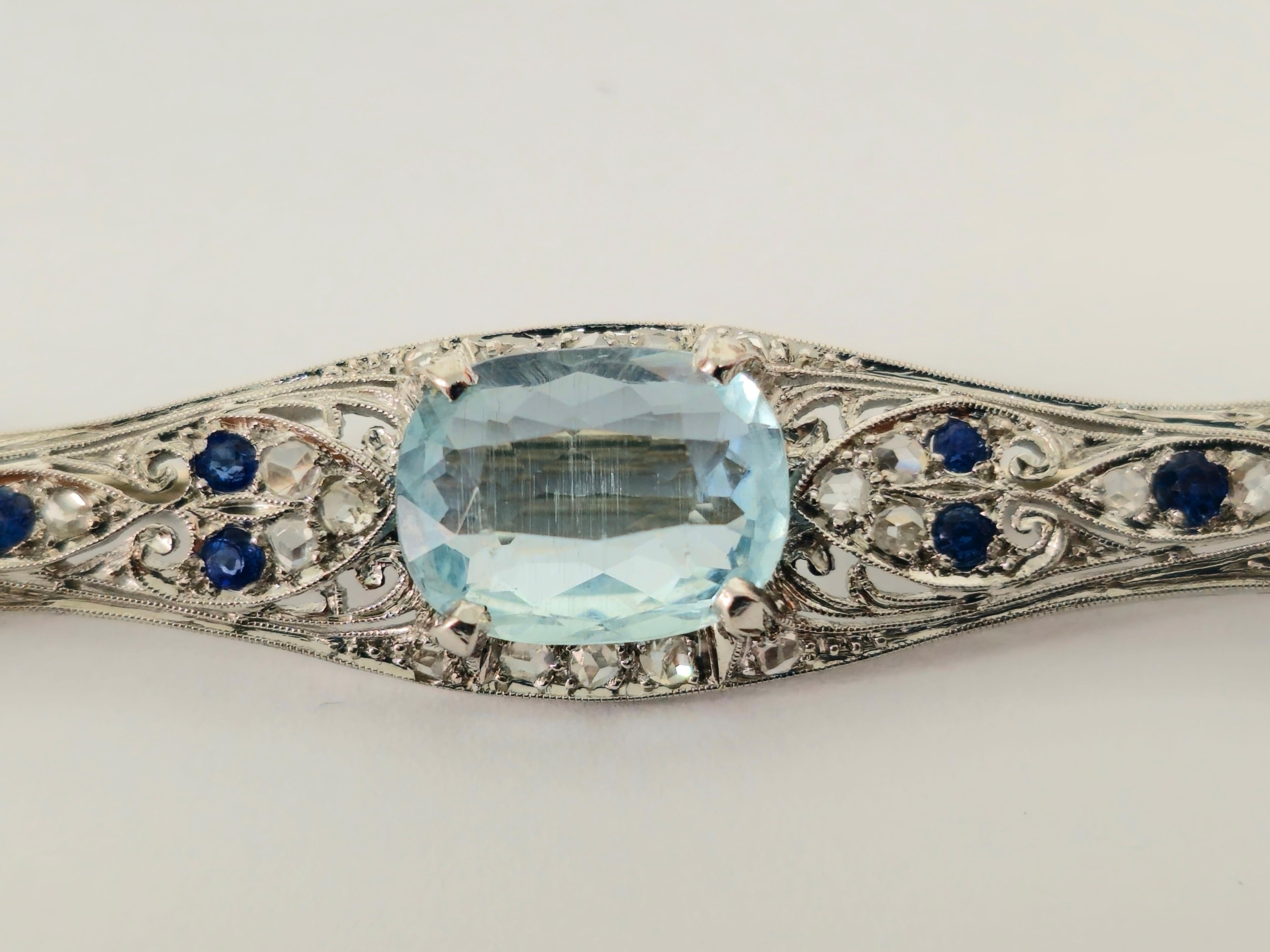 Rose Cut Sapphire Diamond Aquamarine Ladies Estate Pin For Sale