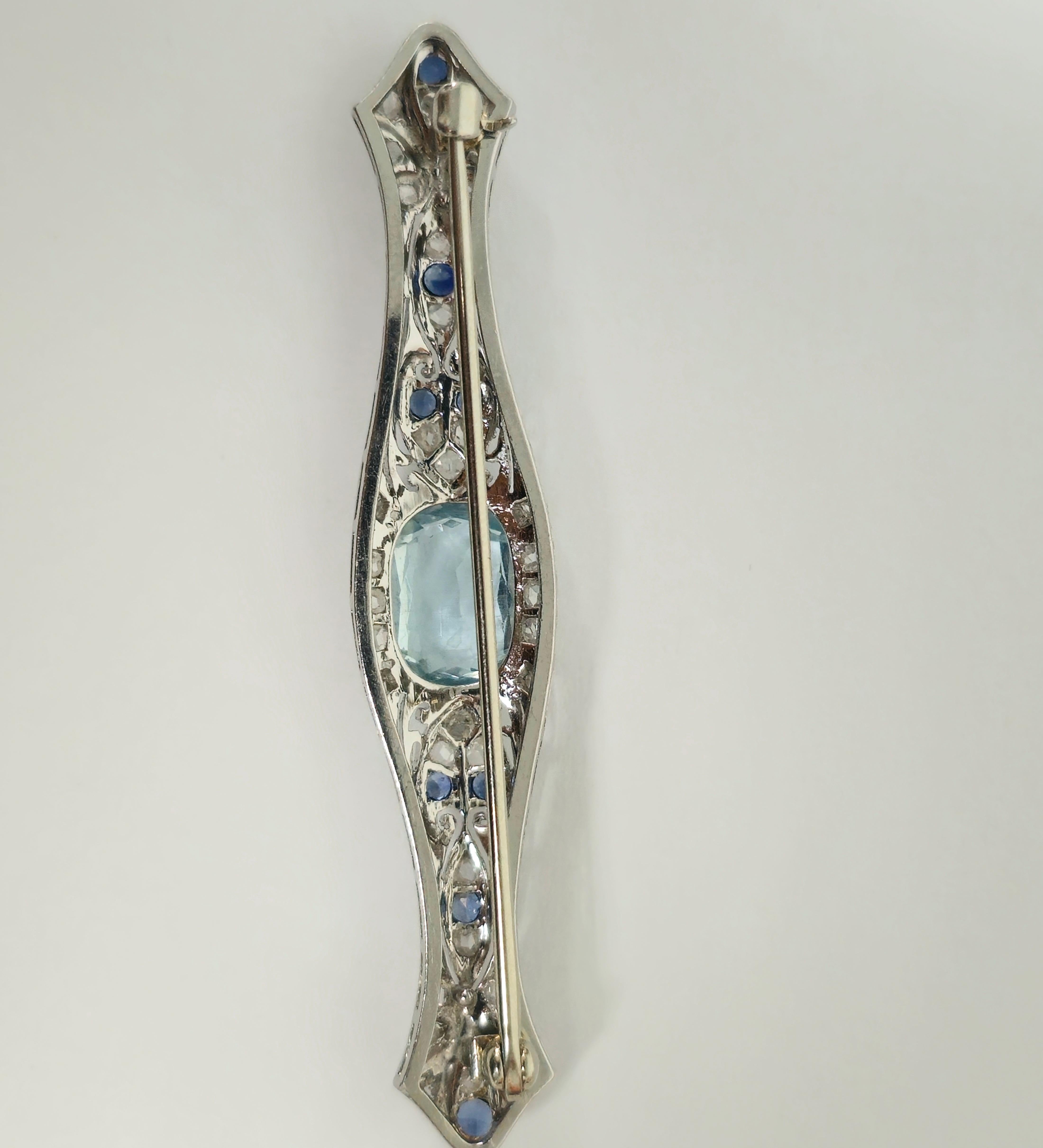 Women's Sapphire Diamond Aquamarine Ladies Estate Pin For Sale