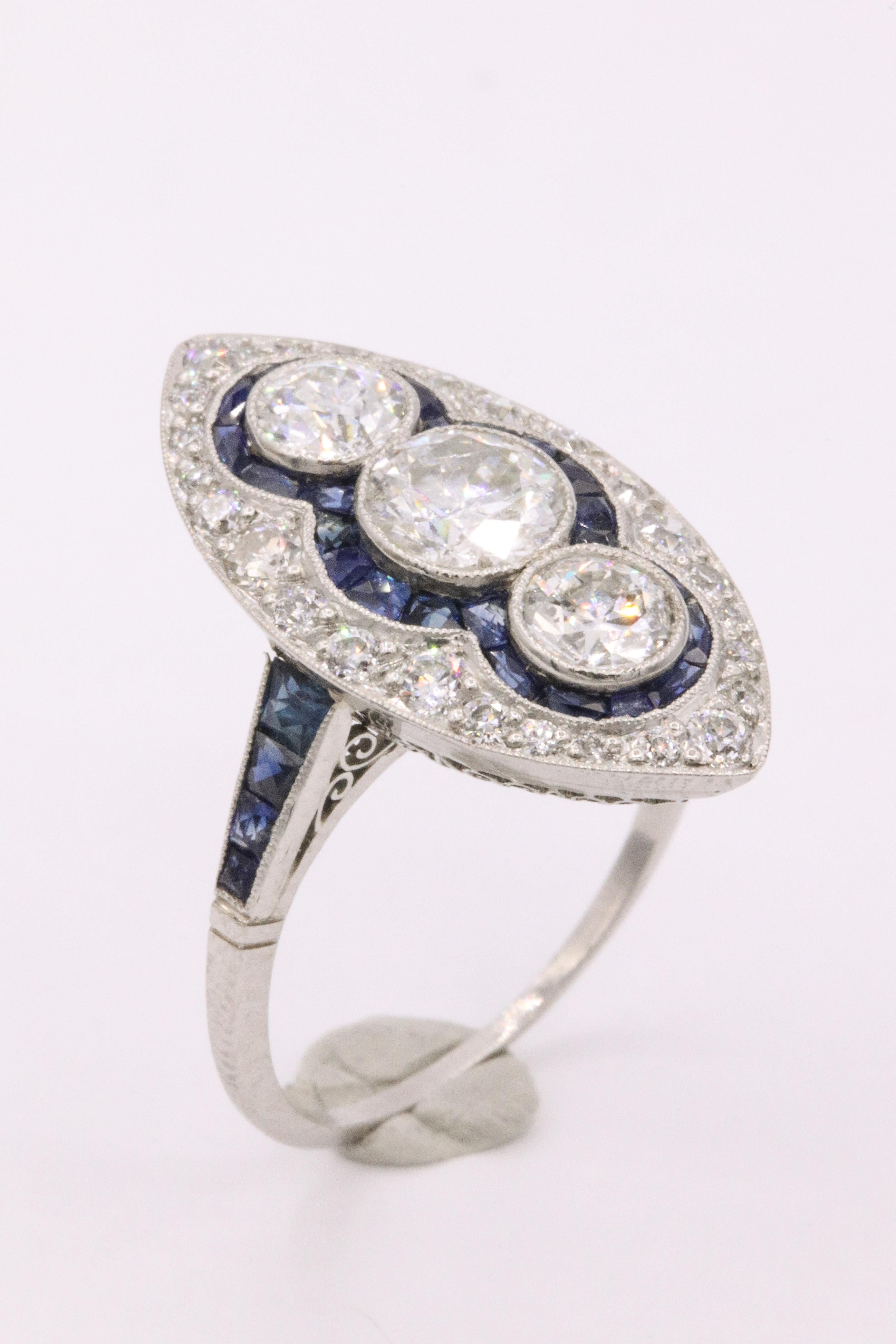 Women's Sapphire Diamond Art Deco Inspired Ring 4 Carat Platinum For Sale