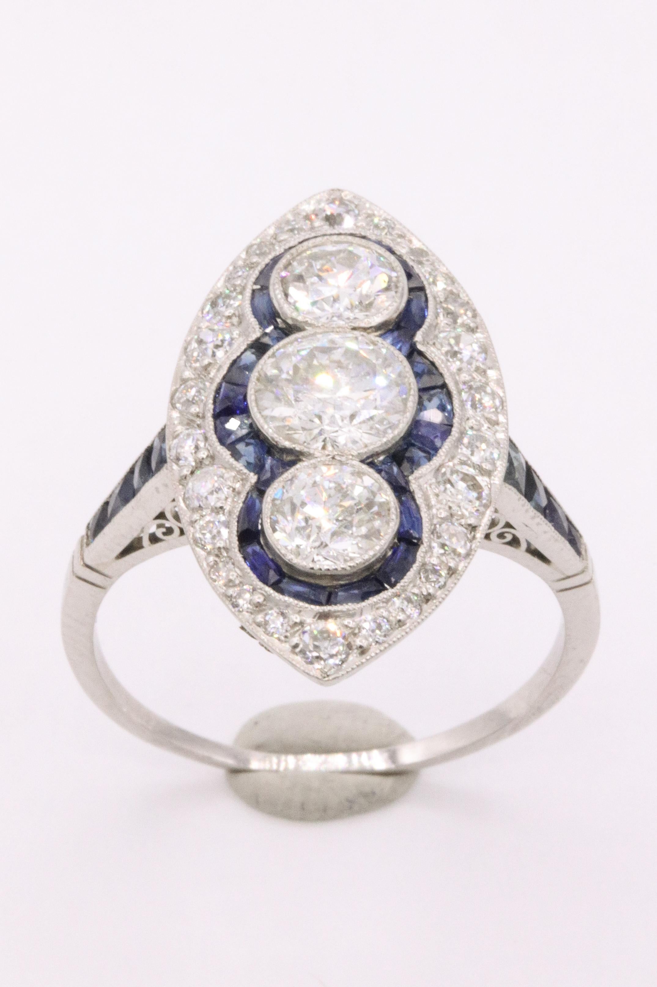Sapphire Diamond Art Deco Inspired Ring 4 Carat Platinum For Sale 1