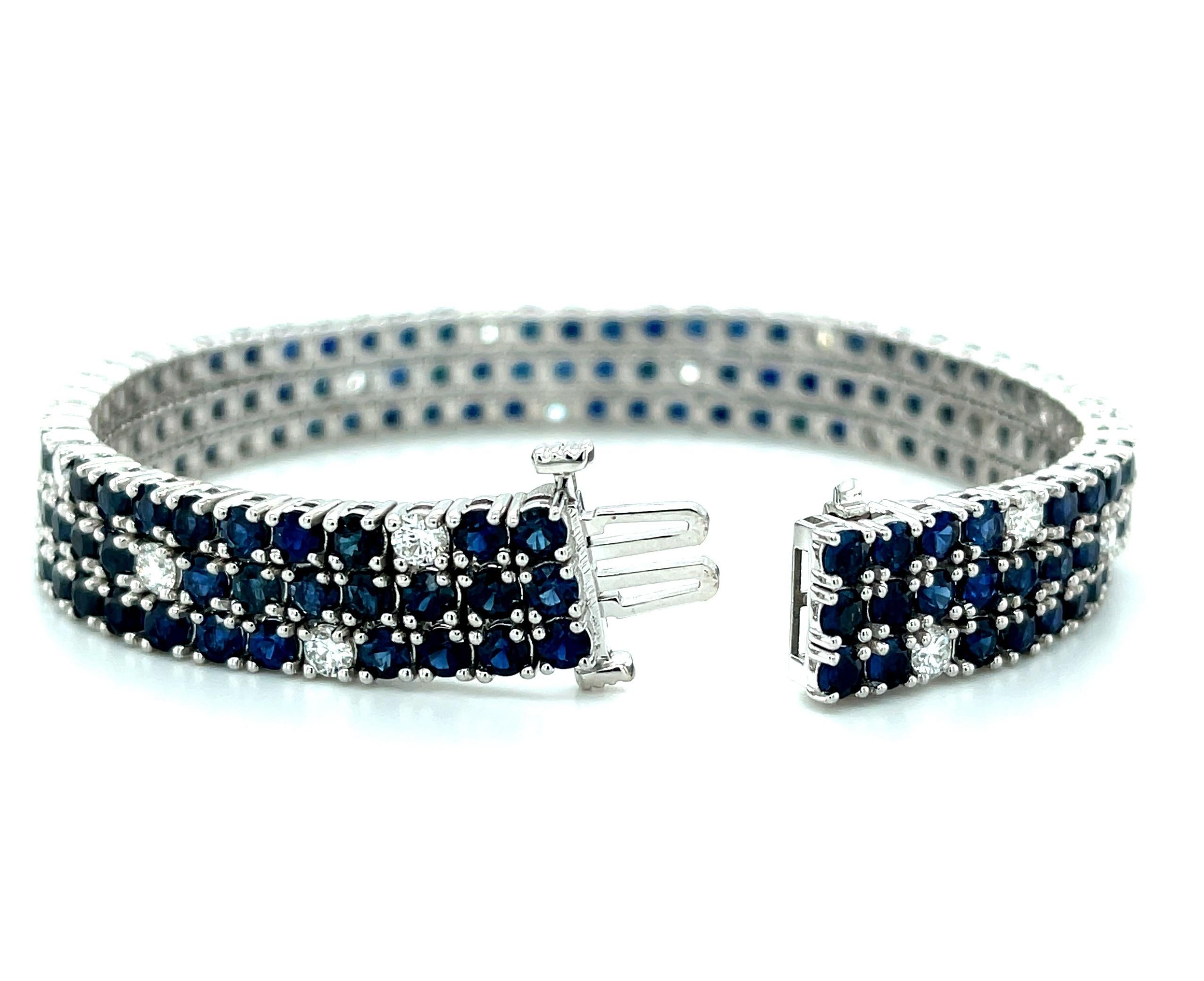 Round Cut Sapphire, Diamond Art Deco Inspired White Gold Tennis Bracelet 20 Carats Total For Sale
