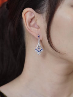 Sapphire Diamond Art Deco Style Drop Earrings in 14K White Gold