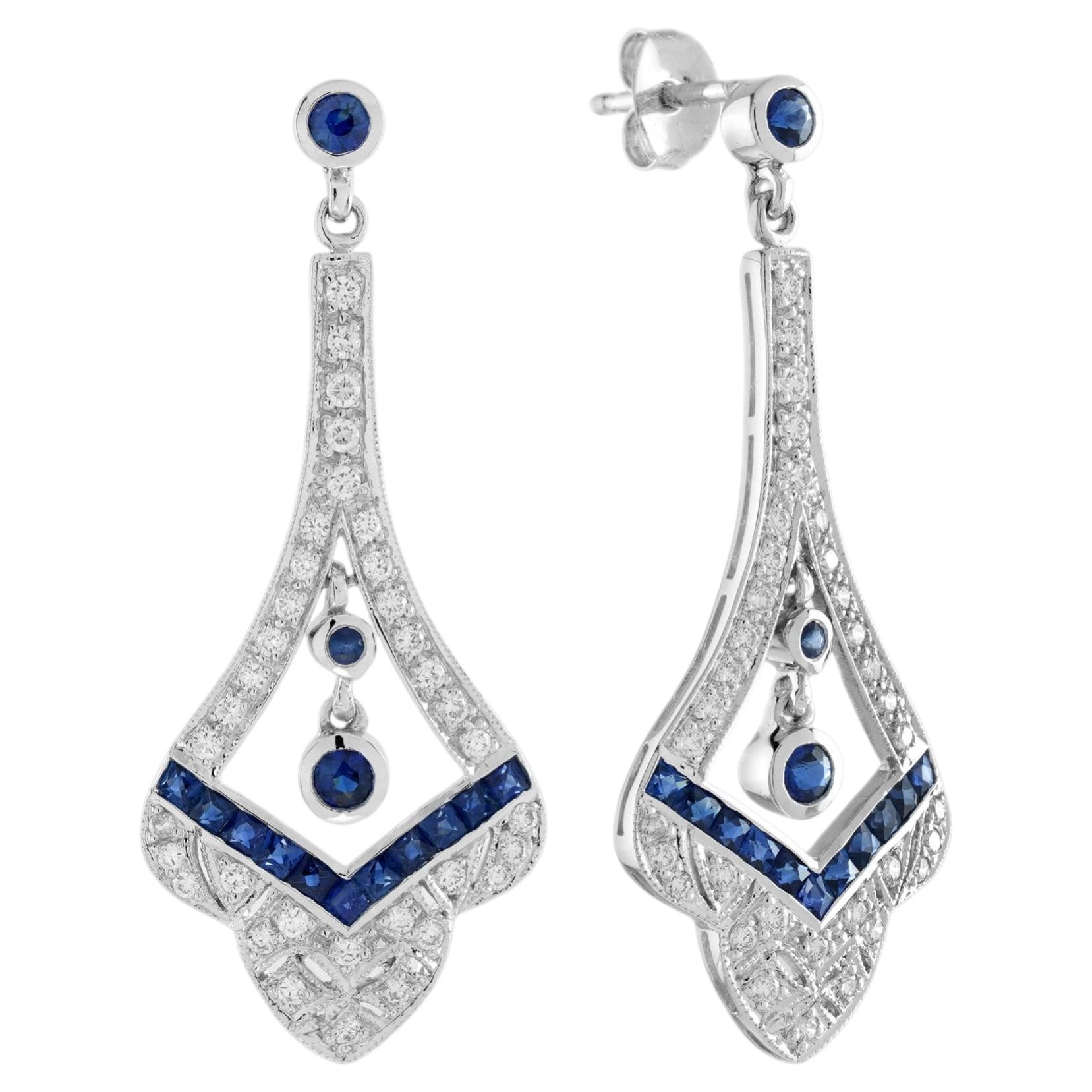 Sapphire Diamond Art Deco Style Drop Earrings in 14K White Gold