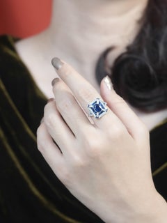 Sapphire Diamond Art Deco Style Engagement Ring in 18K White Gold