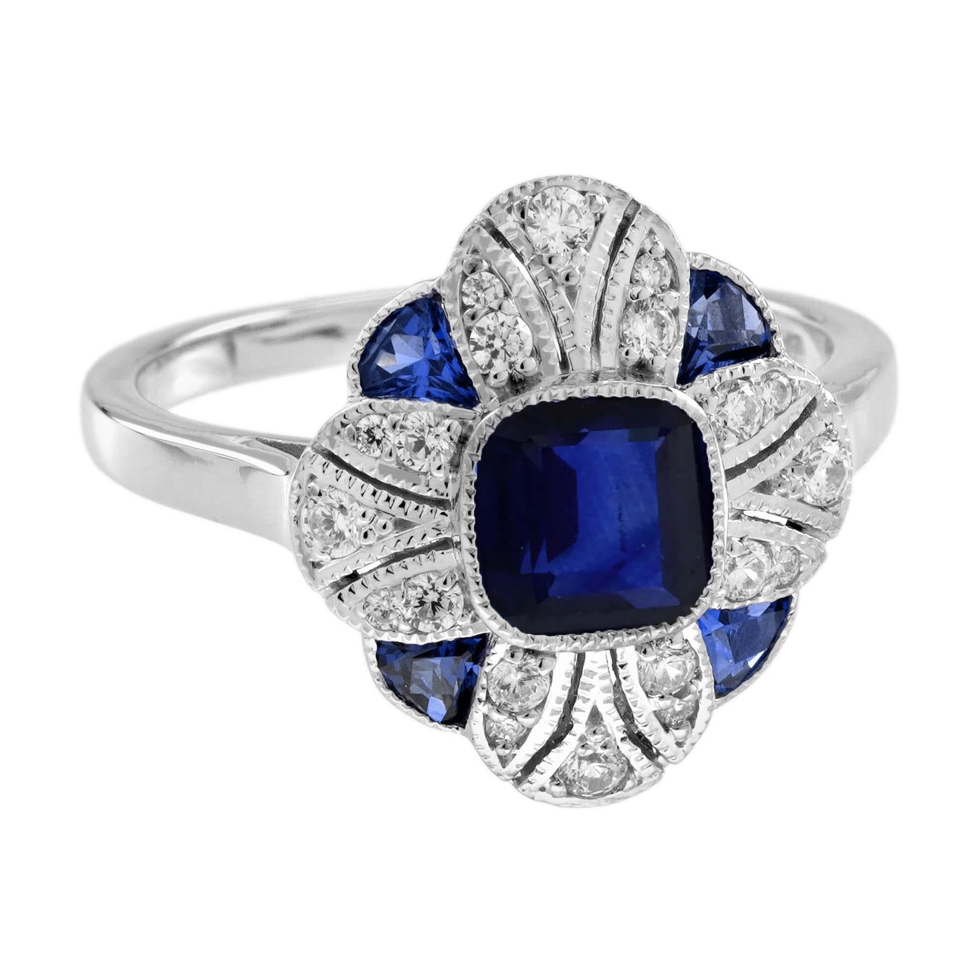 Bague de fiançailles de style Art déco en or blanc 18 carats avec saphir et diamants Pour femmes en vente
