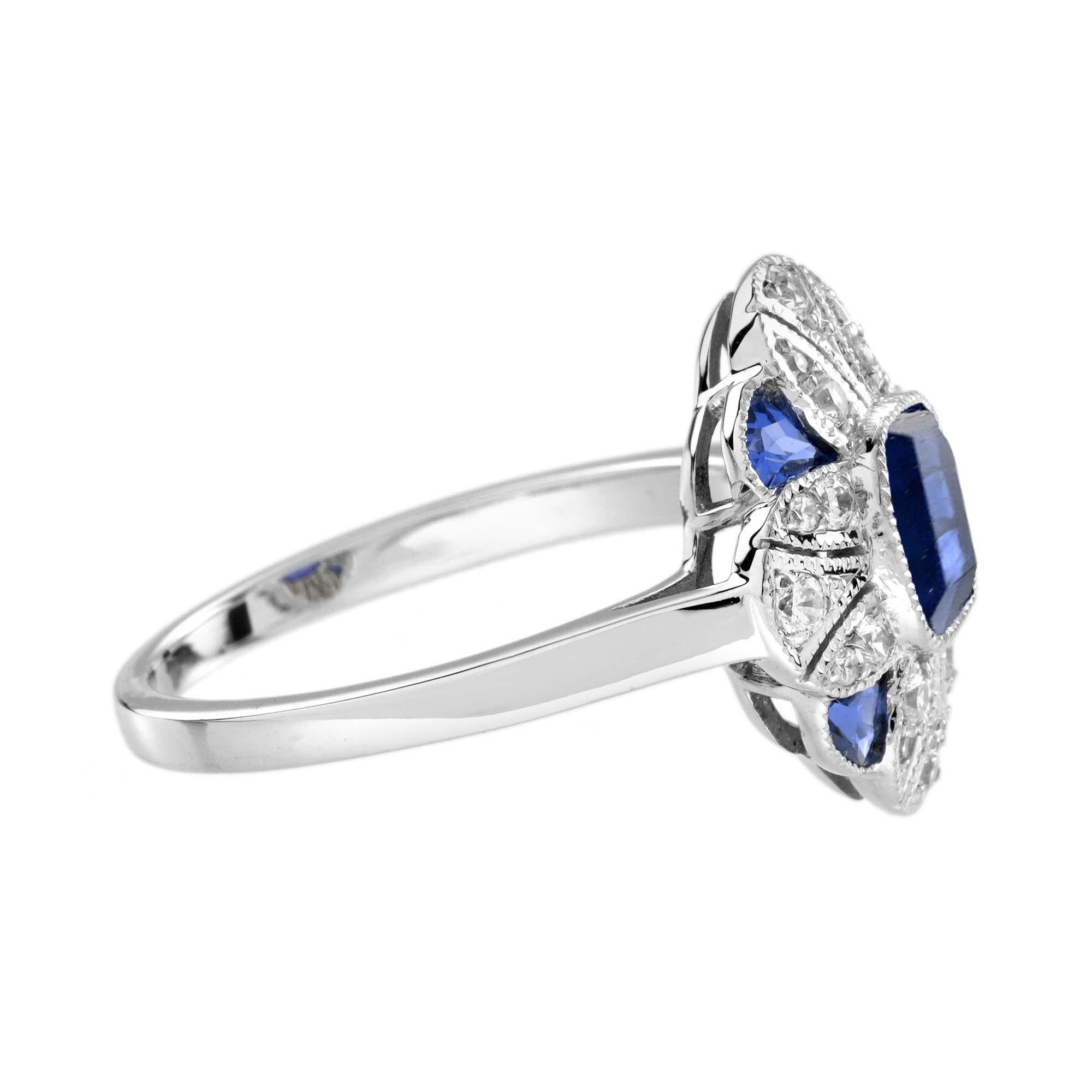 Bague de fiançailles de style Art déco en or blanc 18 carats avec saphir et diamants en vente 1