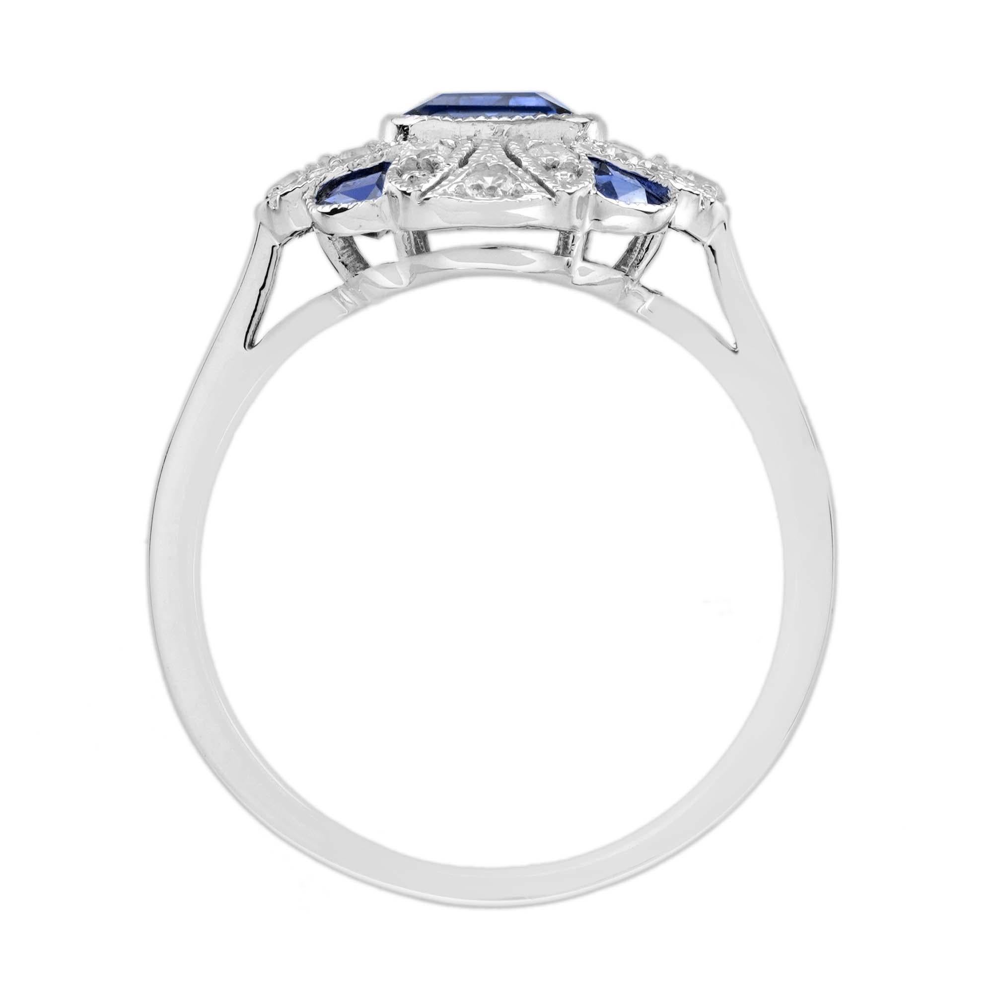 Bague de fiançailles de style Art déco en or blanc 18 carats avec saphir et diamants en vente 3