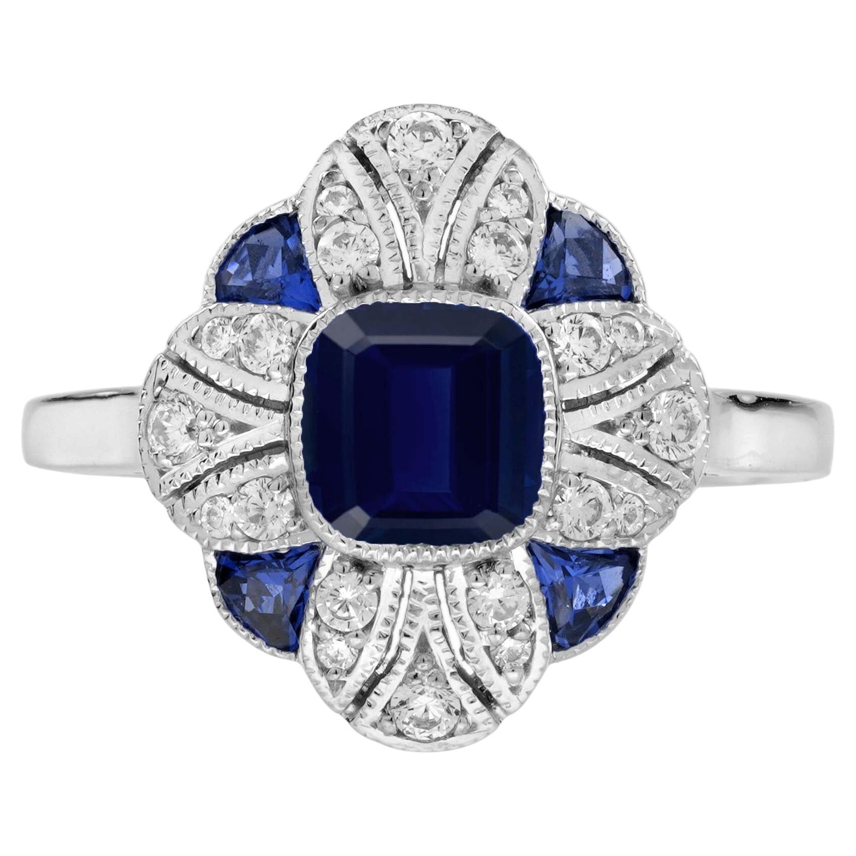 Anello di fidanzamento con zaffiro e diamante in stile Art Deco in oro bianco 18 carati
