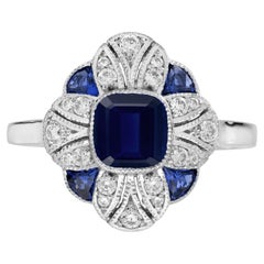 Anello di fidanzamento con zaffiro e diamante in stile Art Deco in oro bianco 18 carati