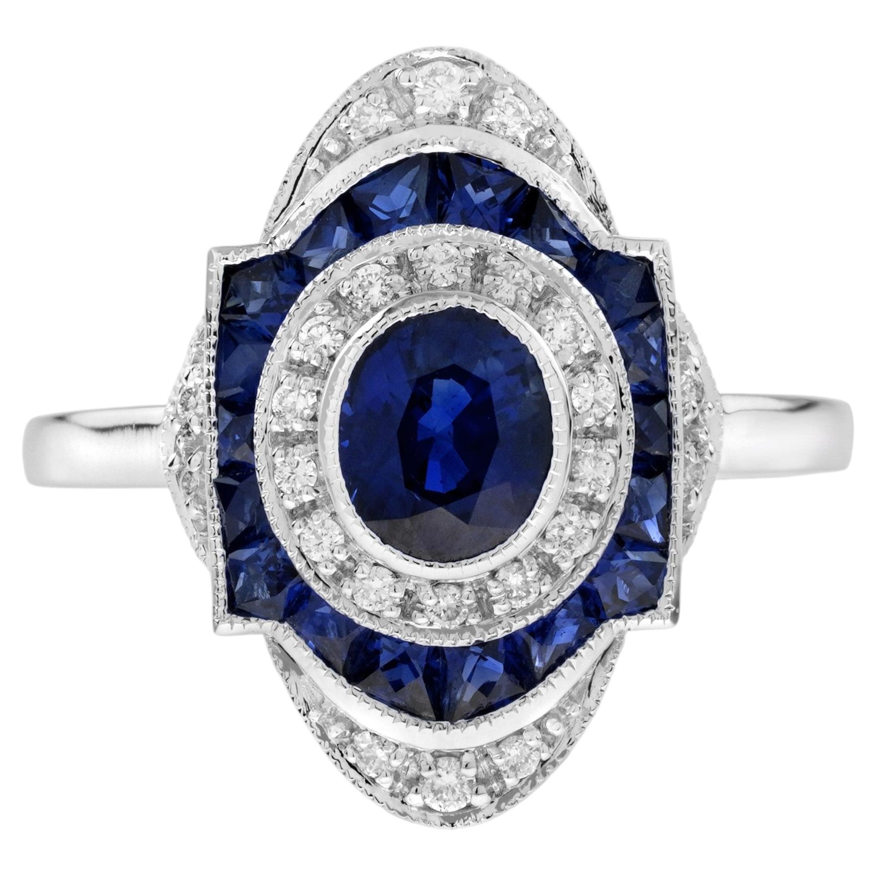 Sapphire Diamond Art Deco Style Engagement Ring in 18K White Gold