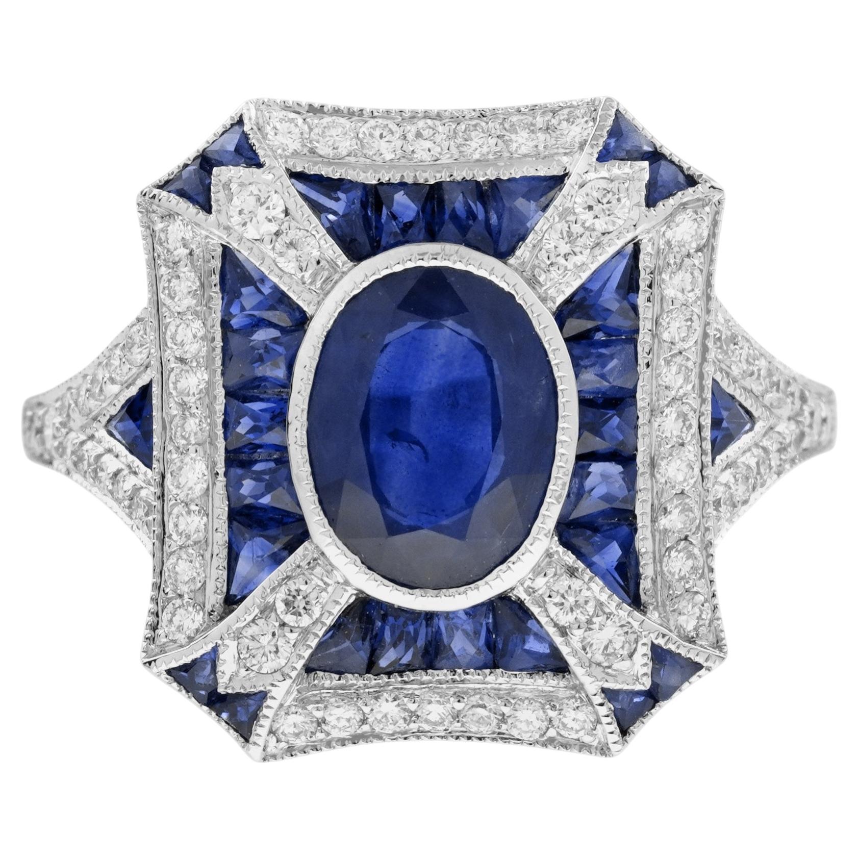 Anello di fidanzamento con zaffiro e diamante in stile Art Deco in oro bianco 18 carati
