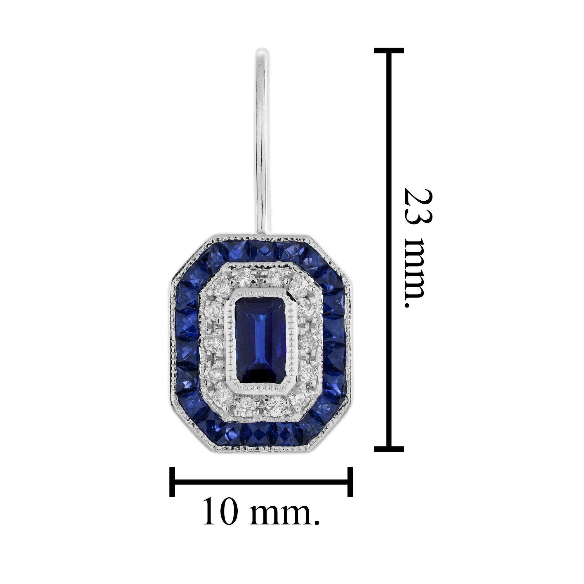 Taglio smeraldo Orecchini a leva con diamante e zaffiro in stile Art Deco in oro bianco 18 carati in vendita