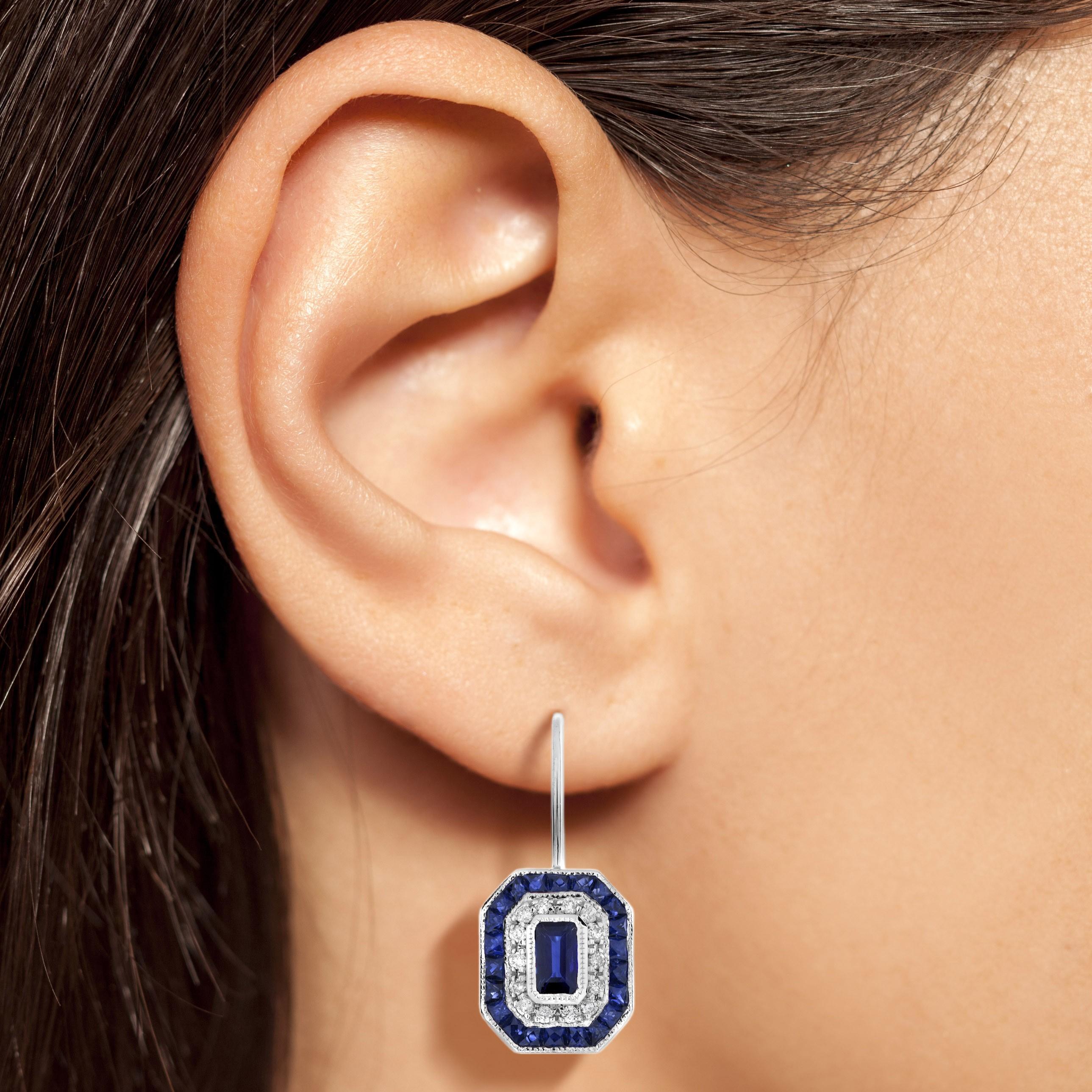 Orecchini a leva con diamante e zaffiro in stile Art Deco in oro bianco 18 carati In condizioni Nuovo in vendita a Bangkok, TH