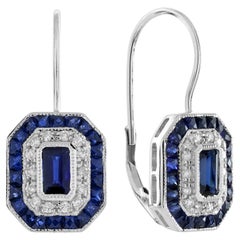 Orecchini a leva con diamante e zaffiro in stile Art Deco in oro bianco 18 carati