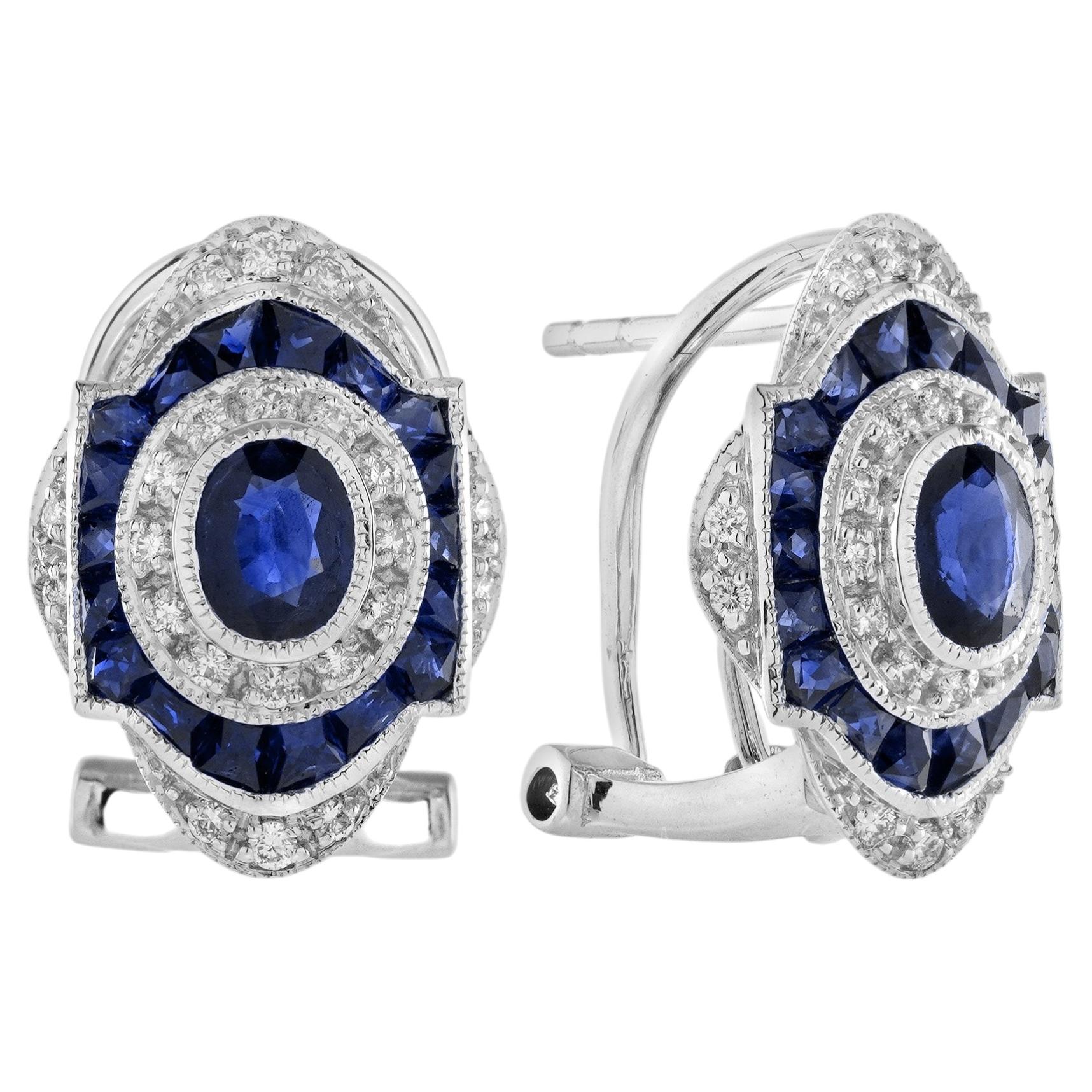 Sapphire Diamond Art Deco Style Omaga Earrings in 18K White Gold