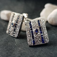 French Cut Sapphire Diamond Pendant and Stud Earrings Set in 9K White Gold