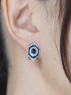 Sapphire Diamond Art Deco Style Ring and Earrings Jewelry Set in 18K White Gold