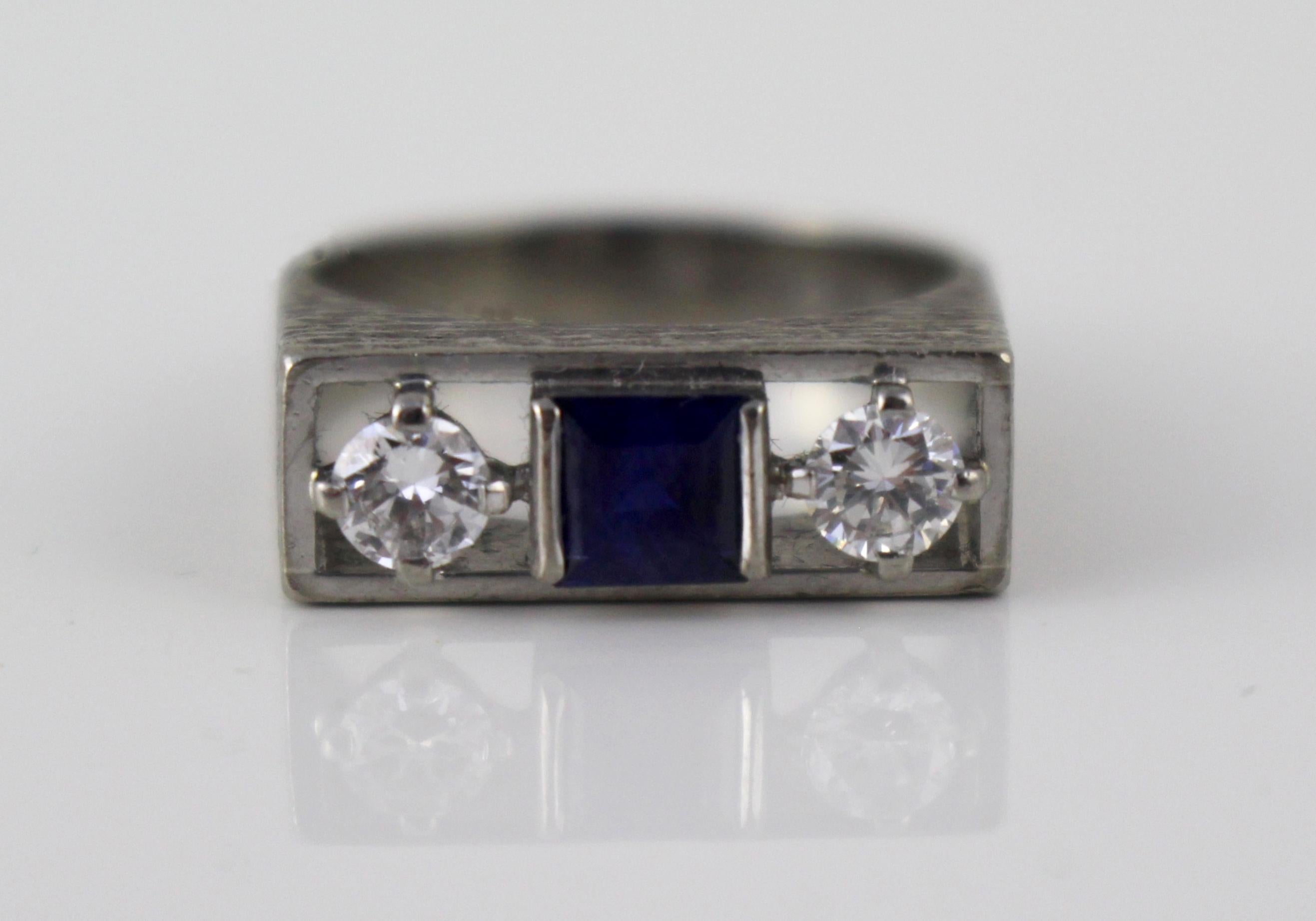European Sapphire & Diamond Art Deco Style Three Stone Ring For Sale