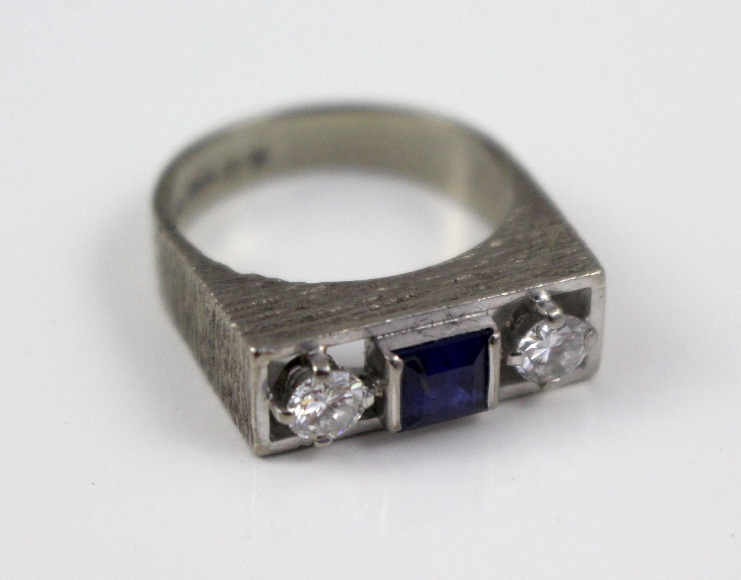 Hand-Crafted Sapphire & Diamond Art Deco Style Three Stone Ring For Sale