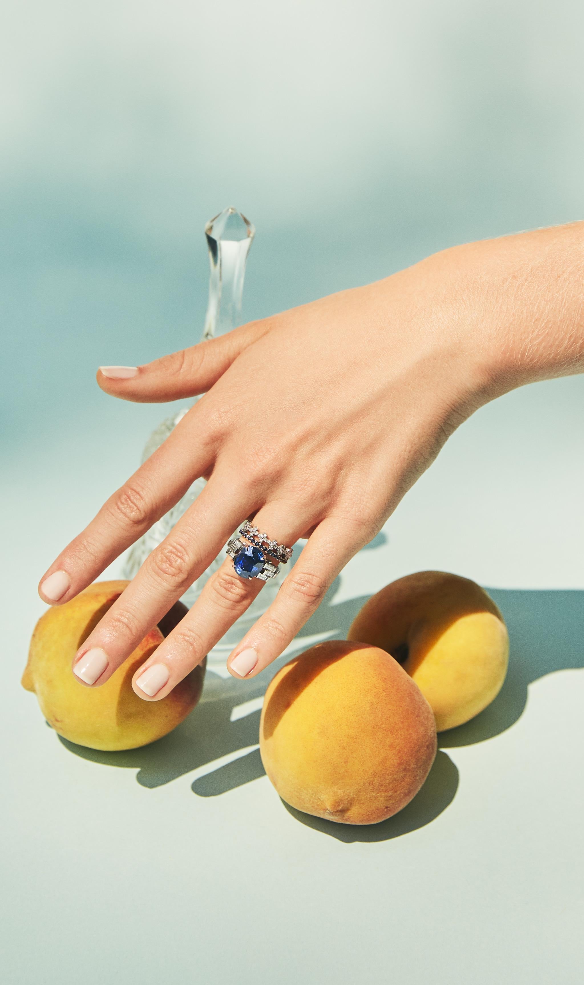 Contemporary Sapphire Diamond Baguette Art Deco Style Ring For Sale