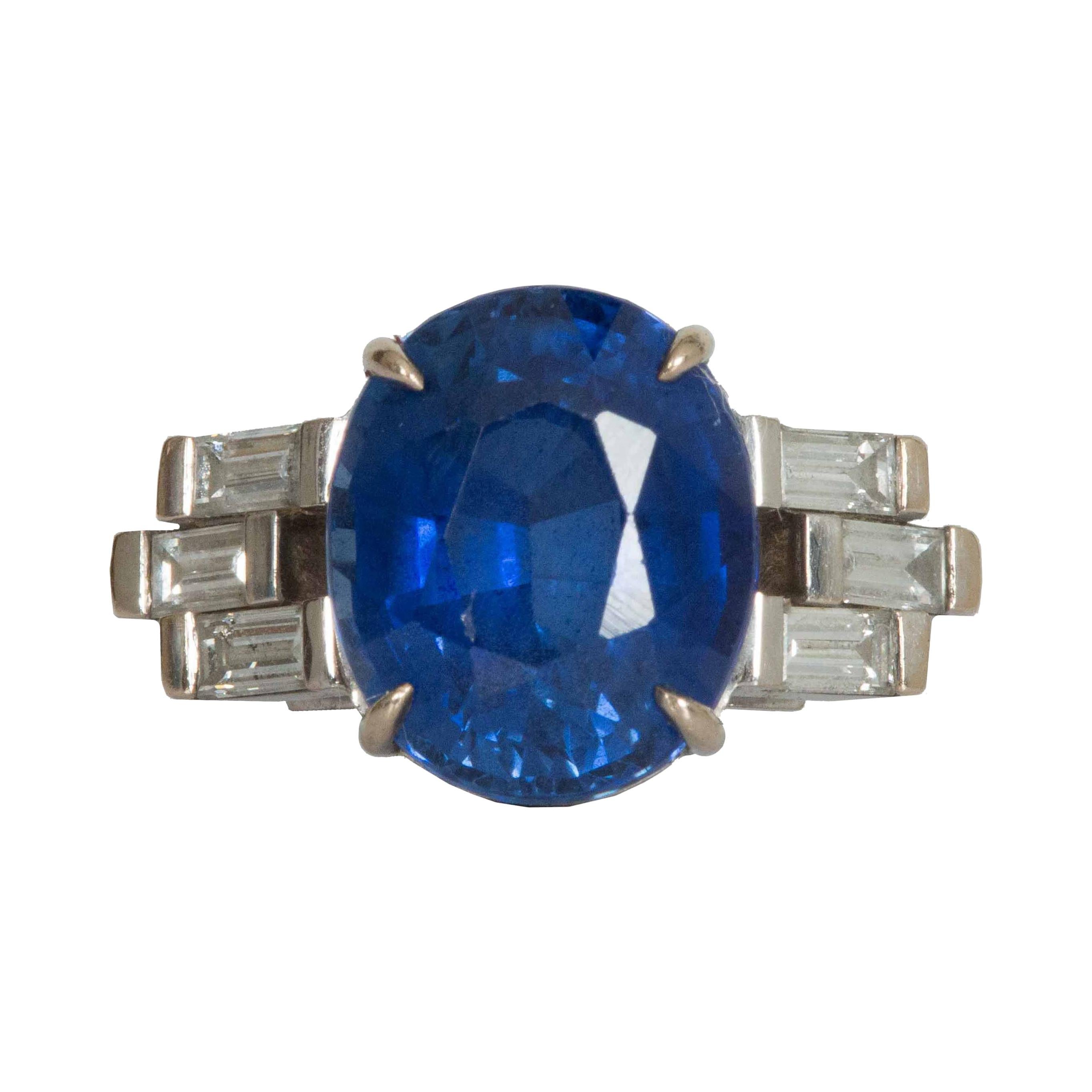 Sapphire Diamond Baguette Art Deco Style Ring For Sale