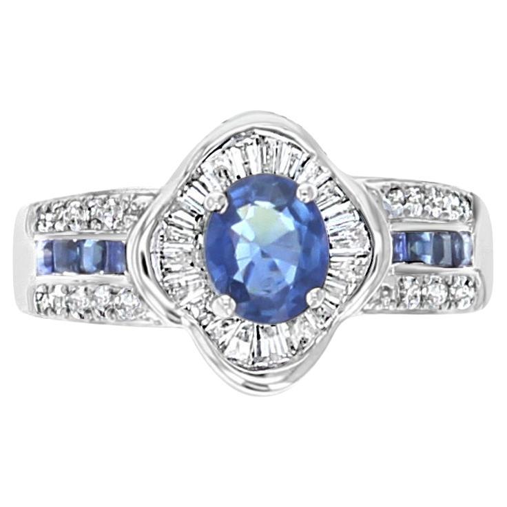 Anello di fidanzamento zaffiro diamante baguette 1,60cttw oro bianco 18k