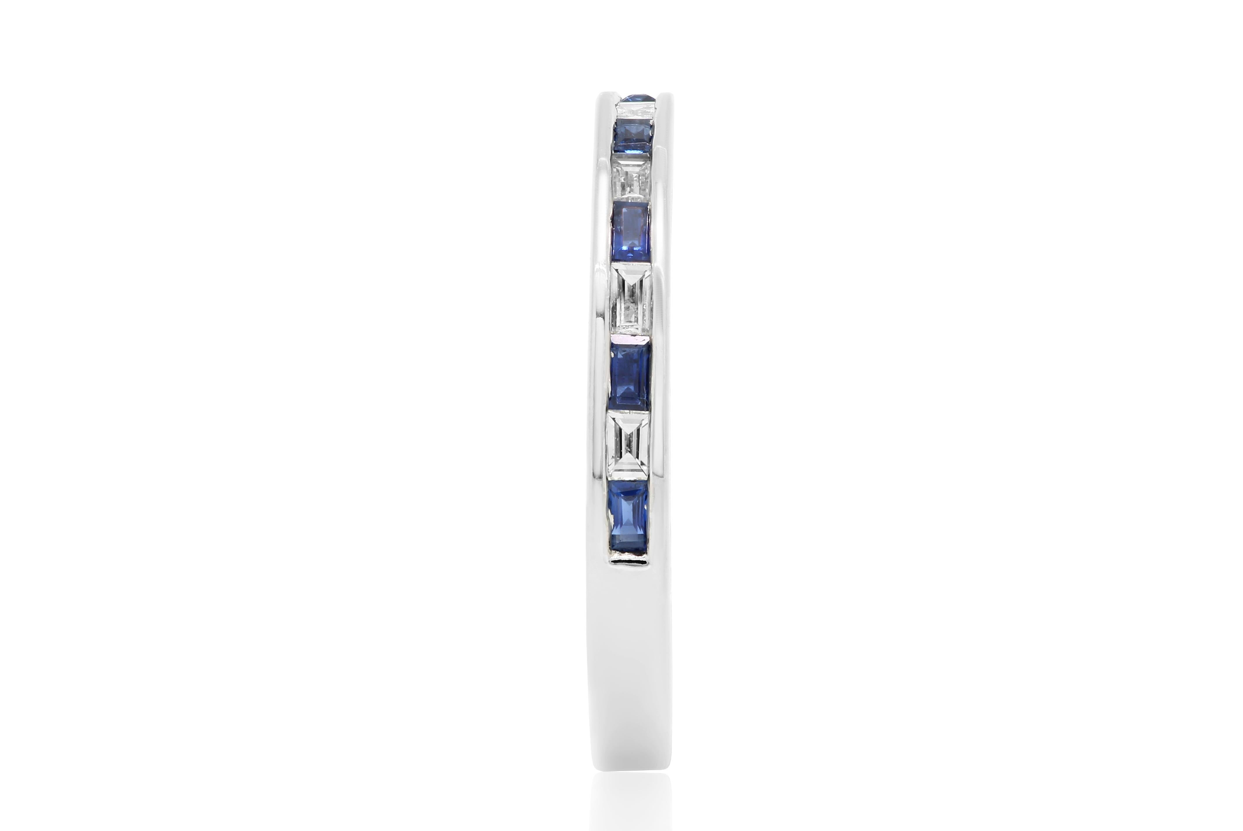 Gorgeous 7 Sapphire Baguette 0.30 Carat set alternatively with 6 White G-H Color VS Clarity Diamond Baguettes 0.18 Carat in 14K White Gold Fashion Band Ring.

Total Stone Weight 0.48 Carat

Style available in different price ranges and with