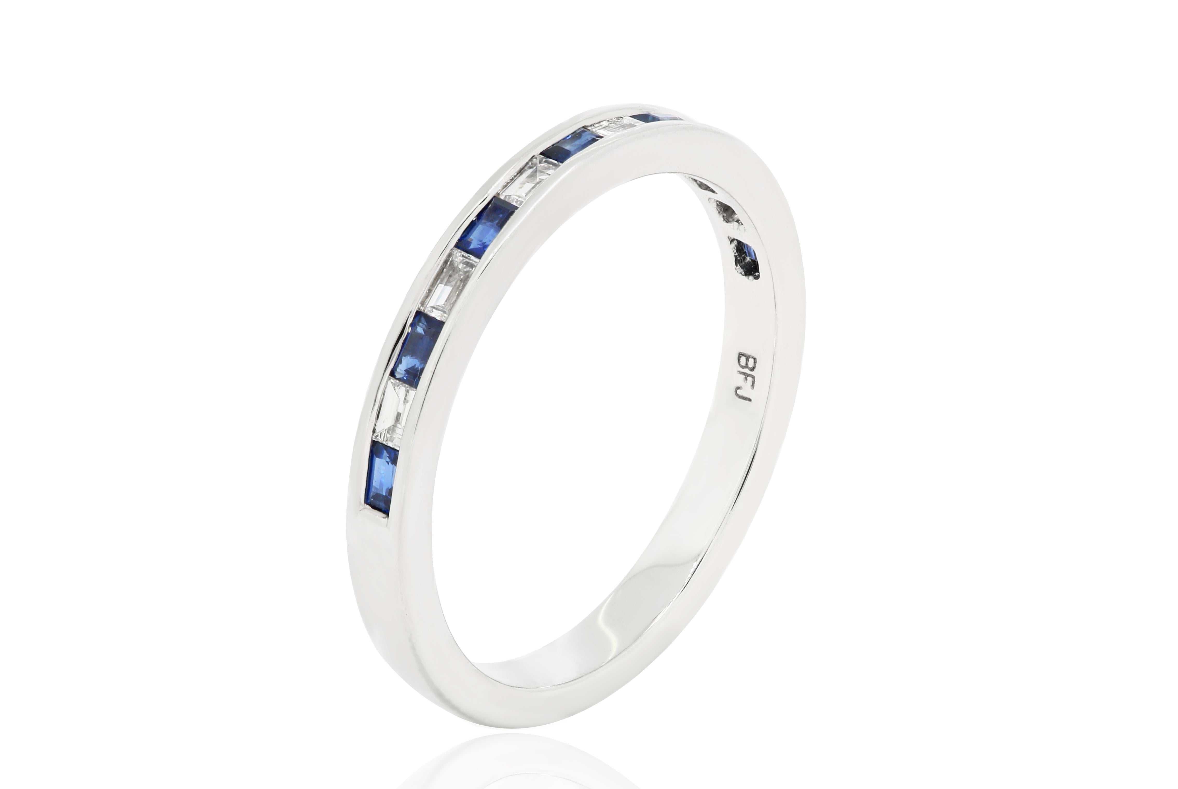 Contemporary Blue Sapphire Diamond Baguette 14K White Gold Fashion Stackable Band Ring