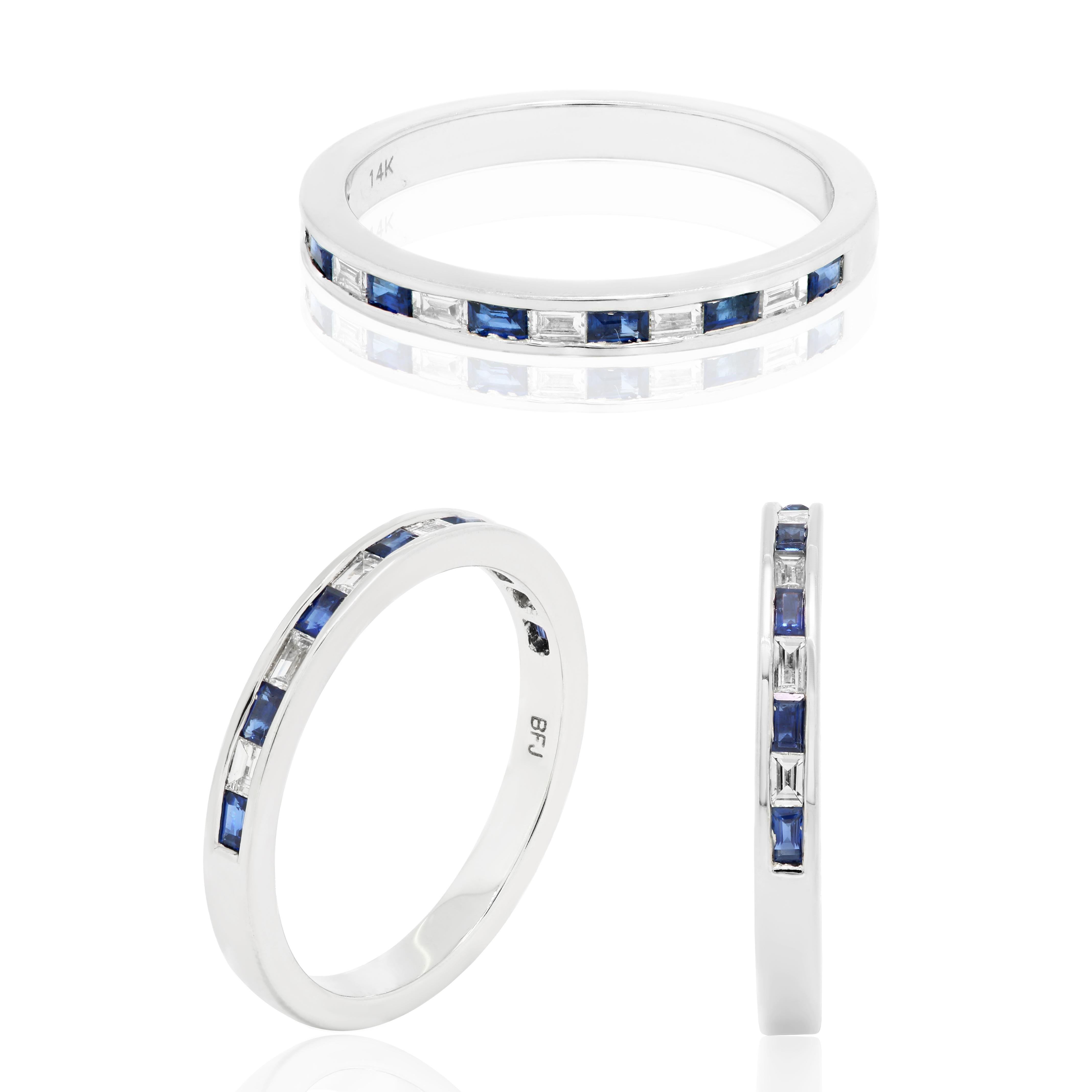 Baguette Cut Blue Sapphire Diamond Baguette 14K White Gold Fashion Stackable Band Ring