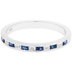 Blue Sapphire Diamond Baguette 14K White Gold Fashion Stackable Band Ring