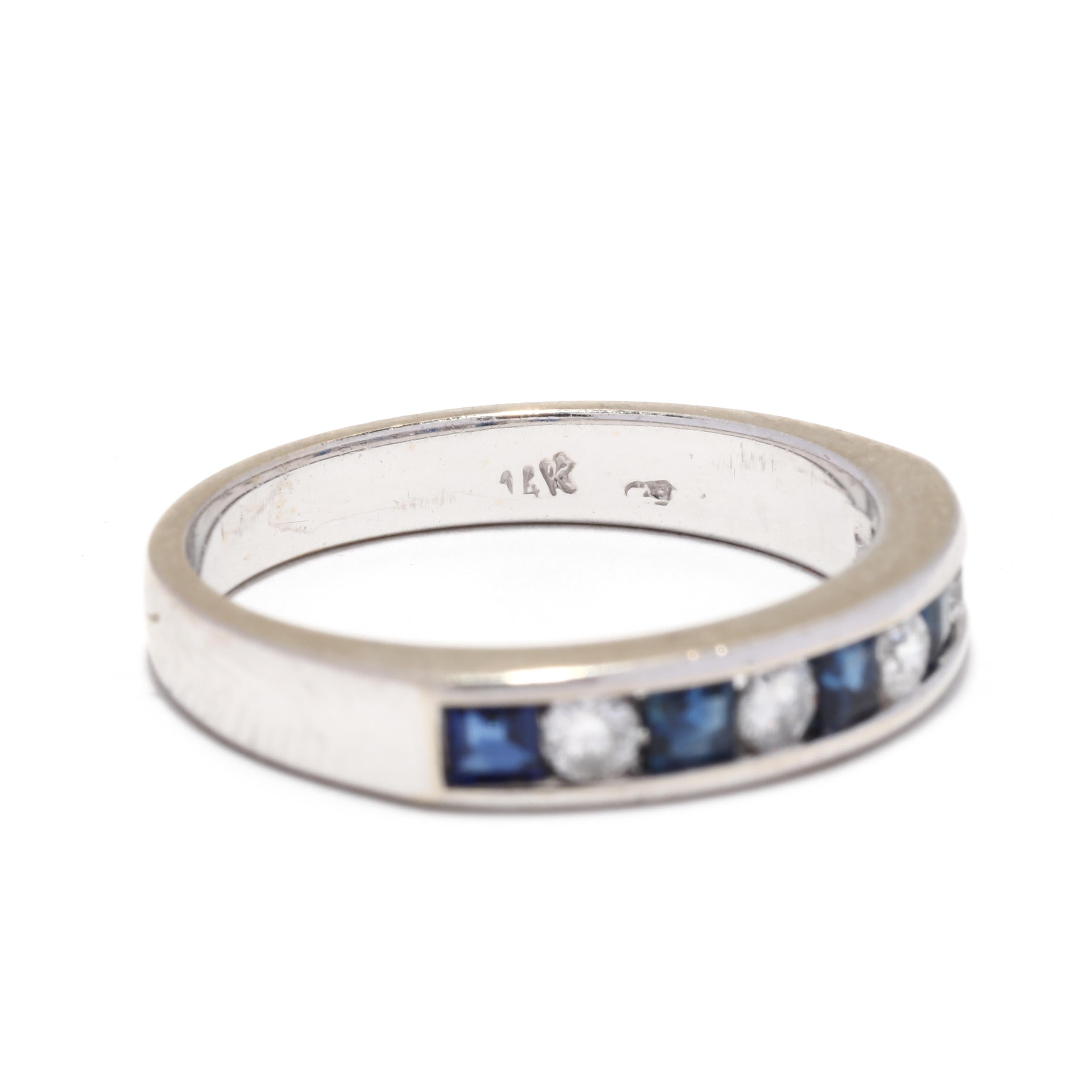 Round Cut Sapphire Diamond Band, 14K White Gold, Something Blue, Sapphire Stackable Band For Sale