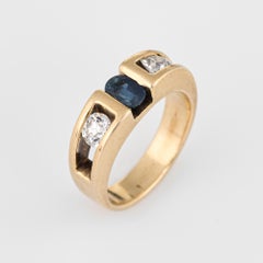 Sapphire Diamond Band Vintage 14 Karat Yellow Gold Pinky Ring Estate Jewelry