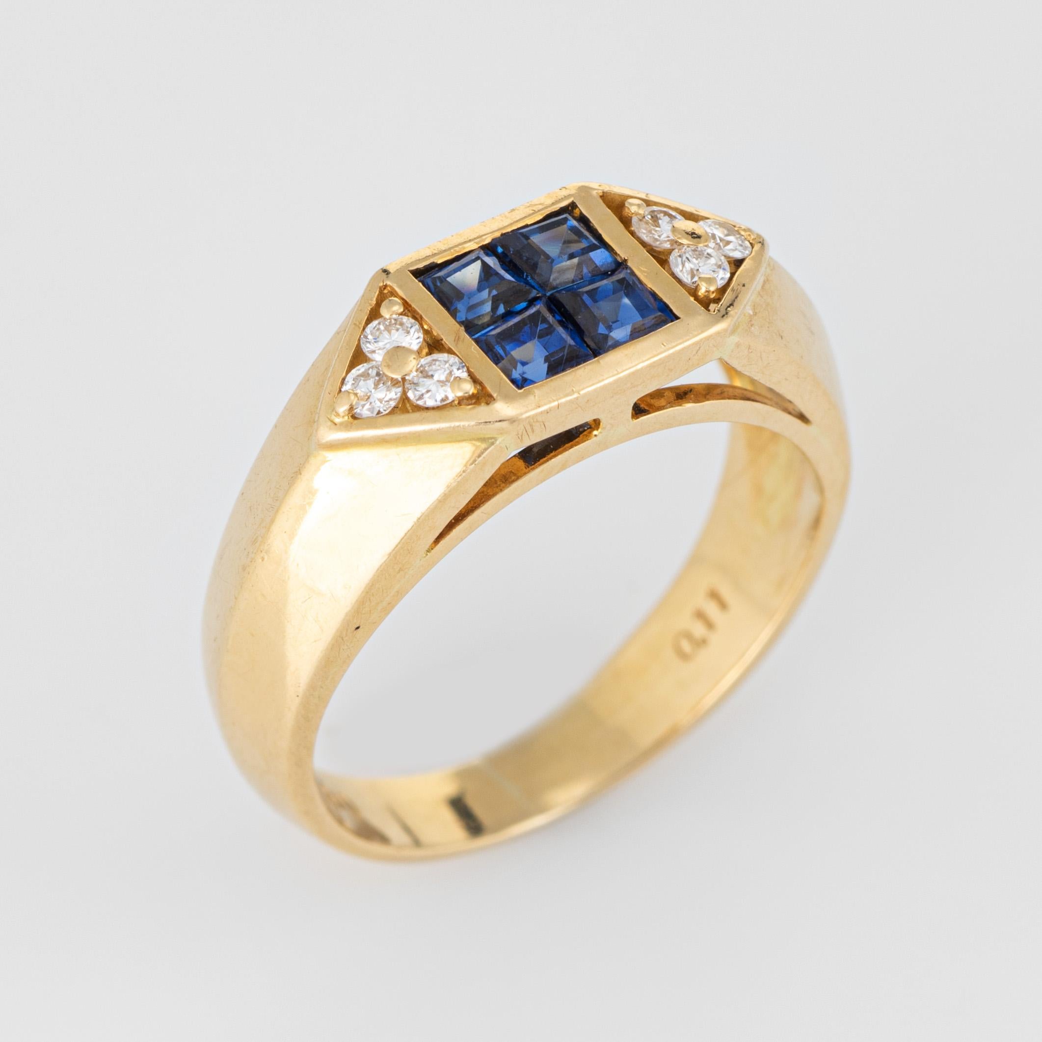 Stylish sapphire & diamond band crafted in 18 karat yellow gold. 

Blue sapphires total 0.60 carats and diamonds total 0.11 carats (estimated at H-I color and SI1-2 clarity). The sapphires are in excellent condition and free of cracks or chips.