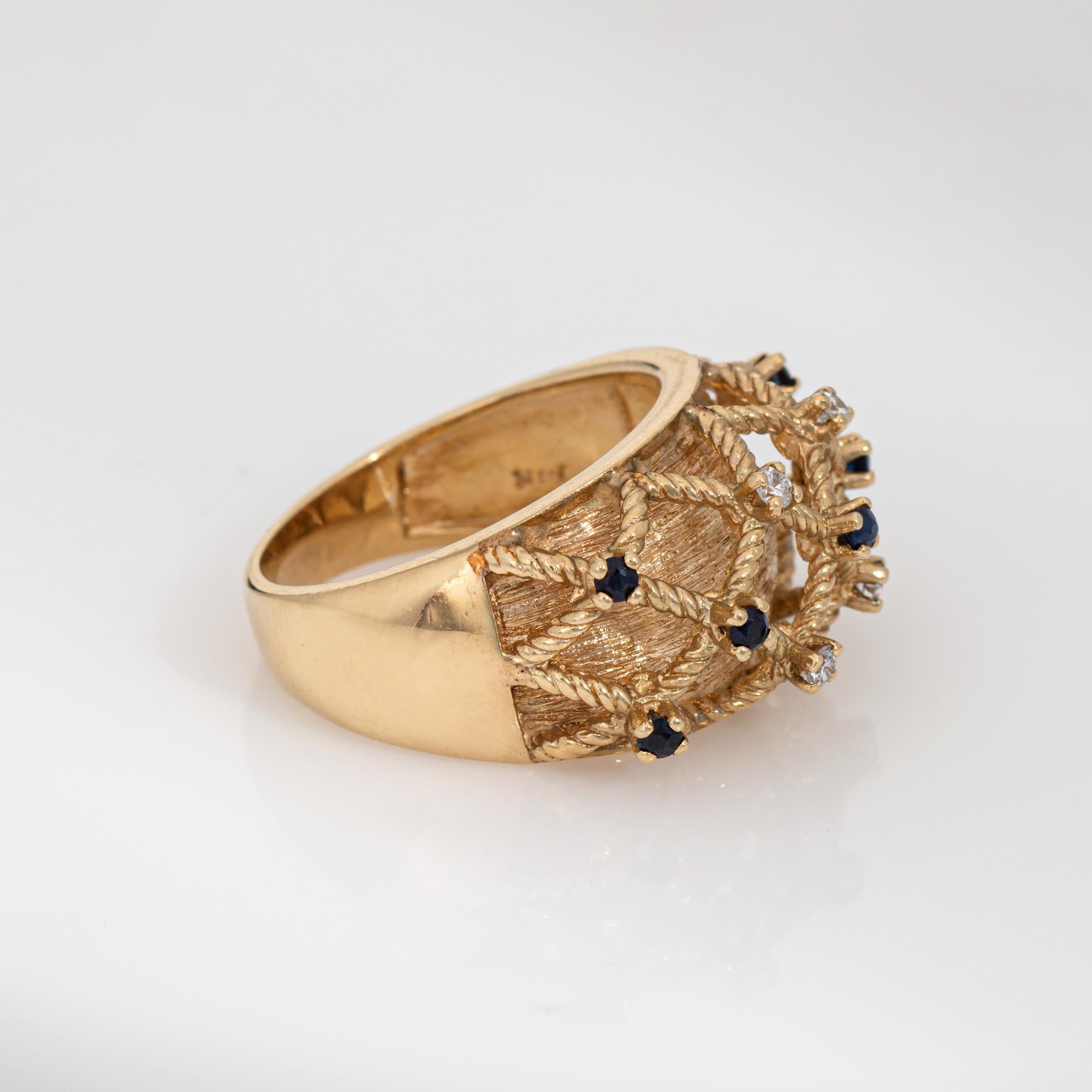 Modern Sapphire Diamond Basket Weave Ring Sz 7 Vintage 14k Gold Dome Band Jewelry For Sale