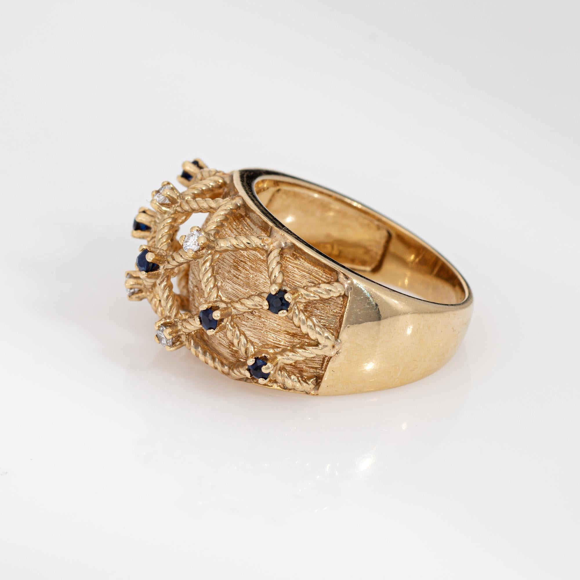 Round Cut Sapphire Diamond Basket Weave Ring Sz 7 Vintage 14k Gold Dome Band Jewelry For Sale