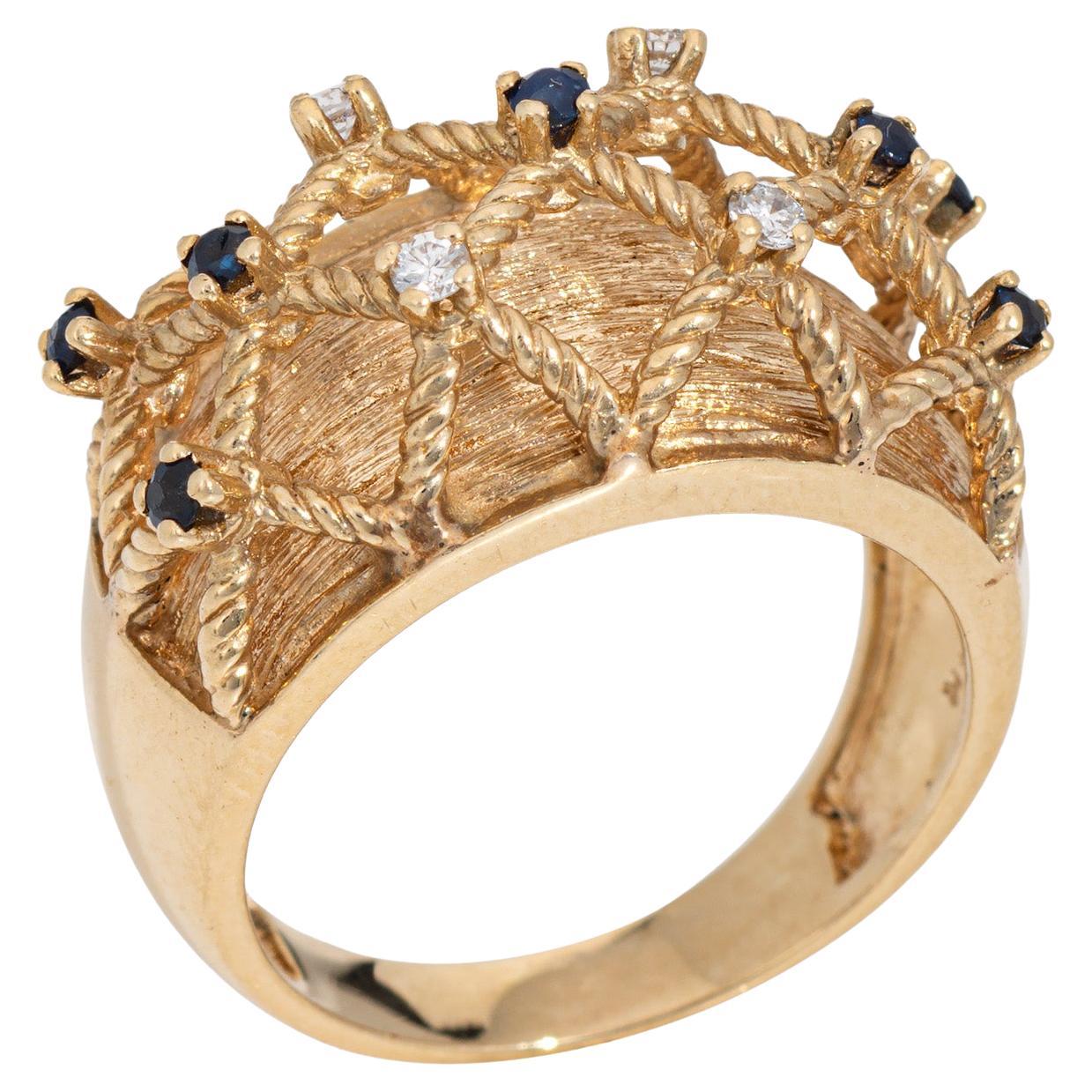 Sapphire Diamond Basket Weave Ring Sz 7 Vintage 14k Gold Dome Band Jewelry