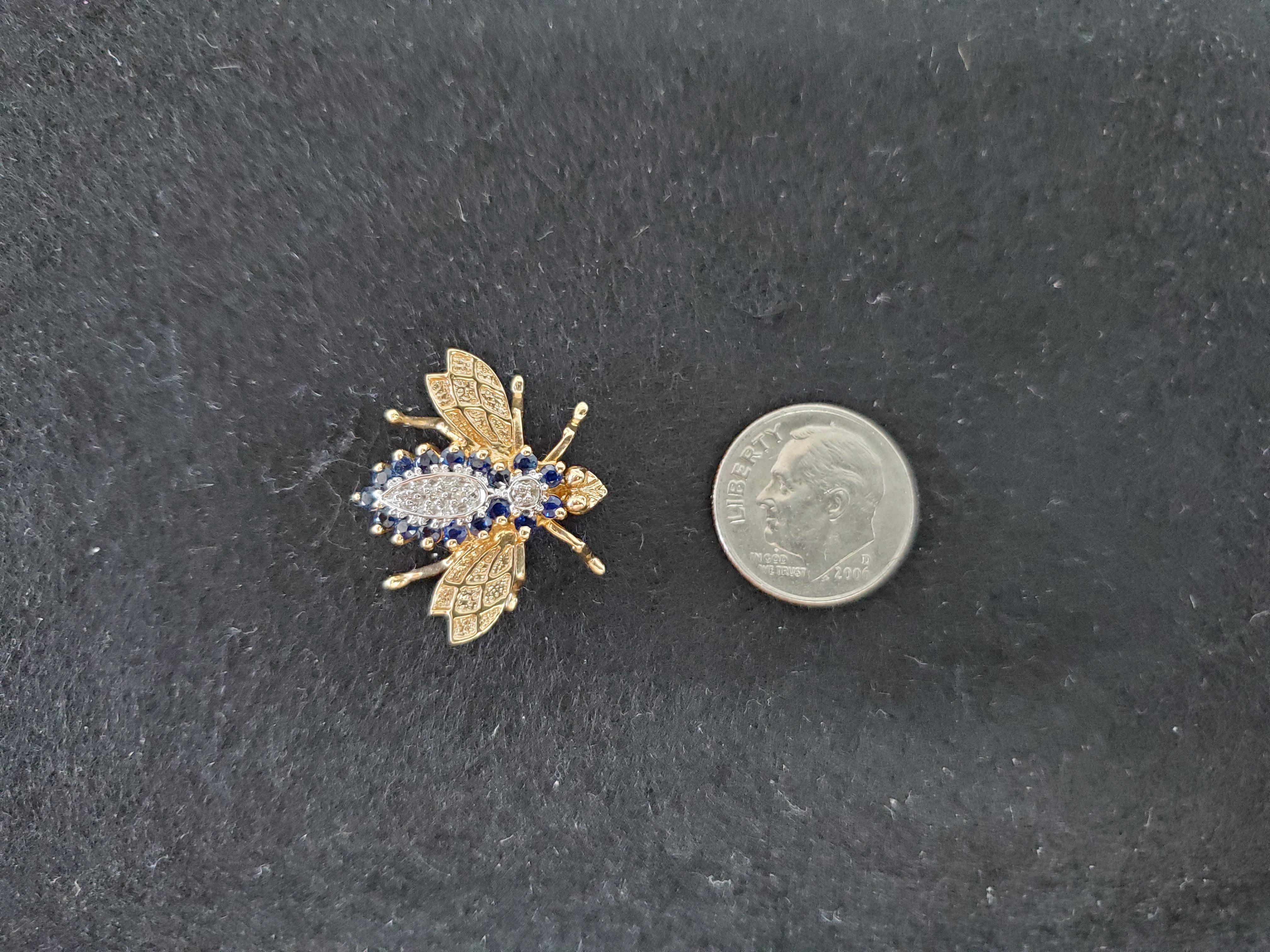 Round Cut Sapphire Diamond Bee Brooch .90cttw 14K Yellow Gold