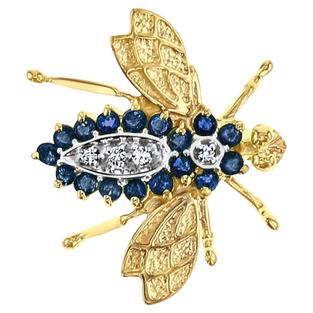 Sapphire Diamond Bee Brooch .90cttw 14K Yellow Gold