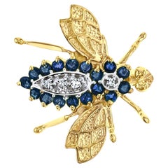 Sapphire Diamond Bee Brooch .90cttw 14K Yellow Gold