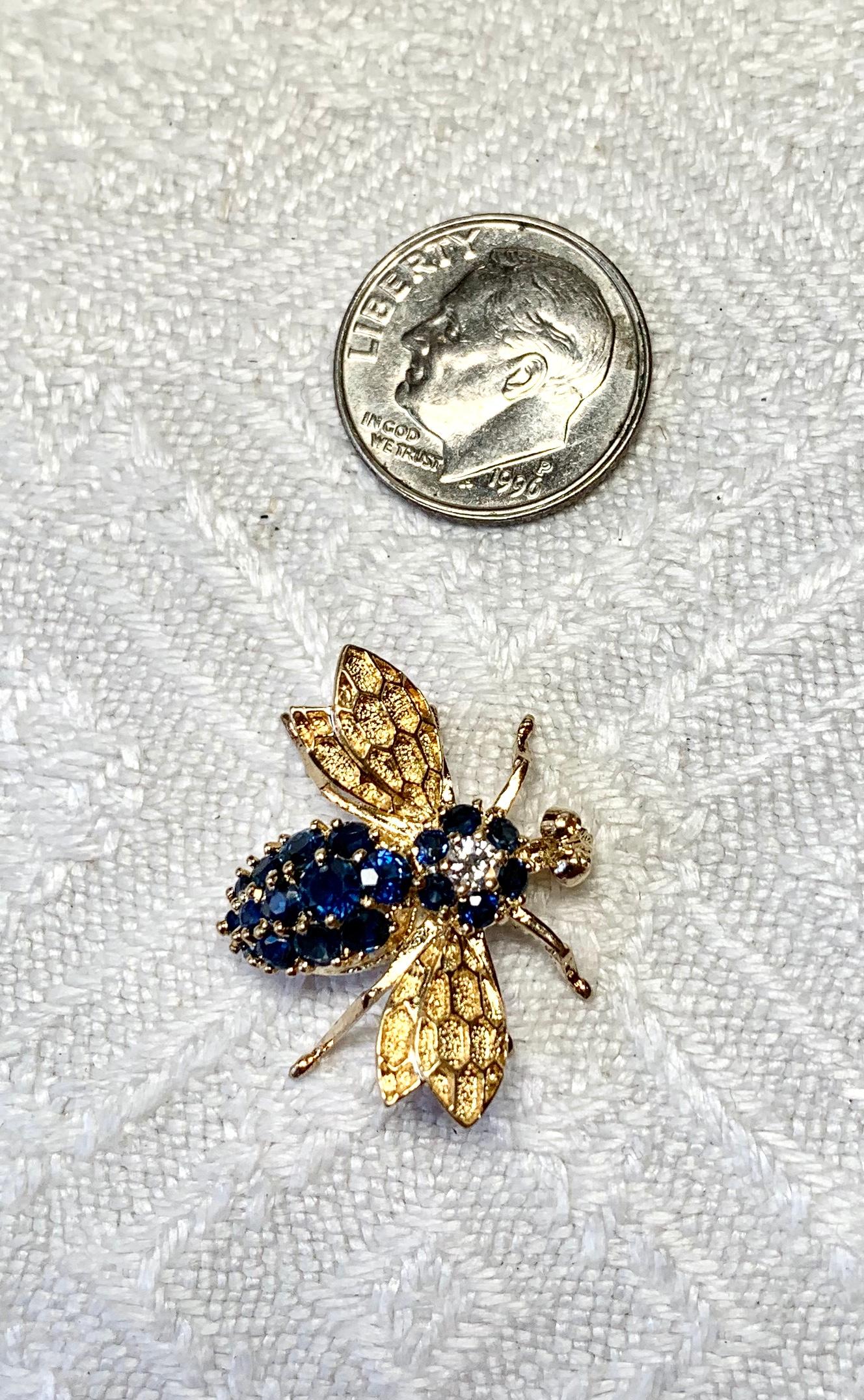 Round Cut Sapphire Diamond Bee Insect Pendant 14 Karat Gold Estate Necklace