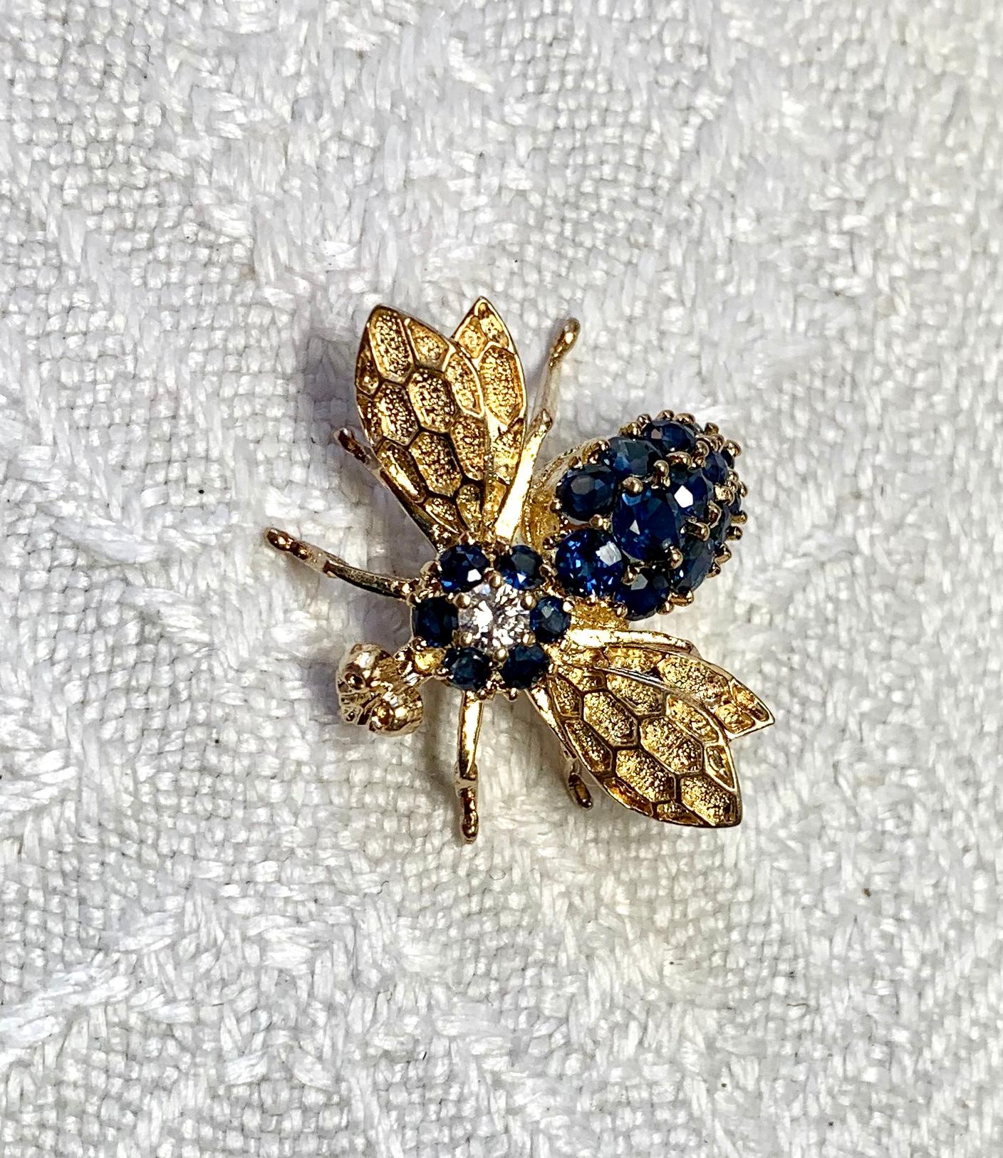 Women's Sapphire Diamond Bee Insect Pendant 14 Karat Gold Estate Necklace