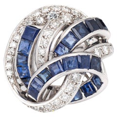Sapphire Diamond Bombe Ring Vintage 14k White Gold Cocktail Jewelry